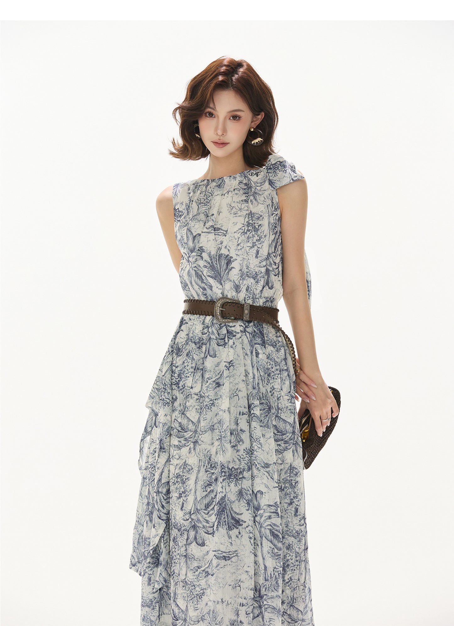 NORWEGIAN FOREST PRINT CHIFFON WAIST ONE-PIECE