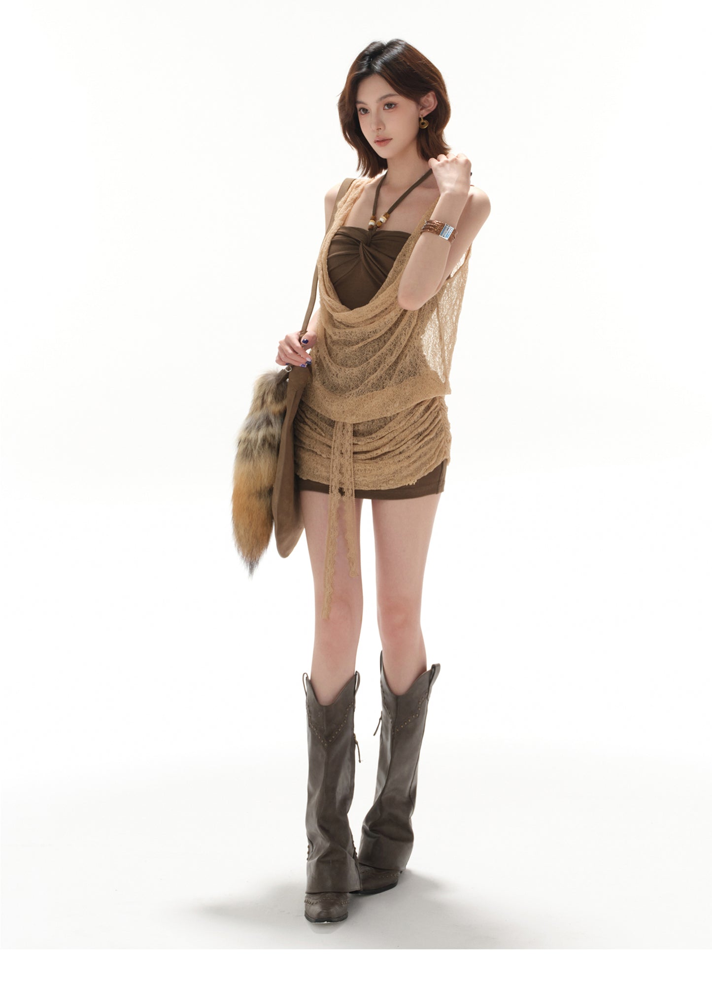 RETRO LACE FLARED COLLAR SLIM FIT TWO-PIECE DRESS