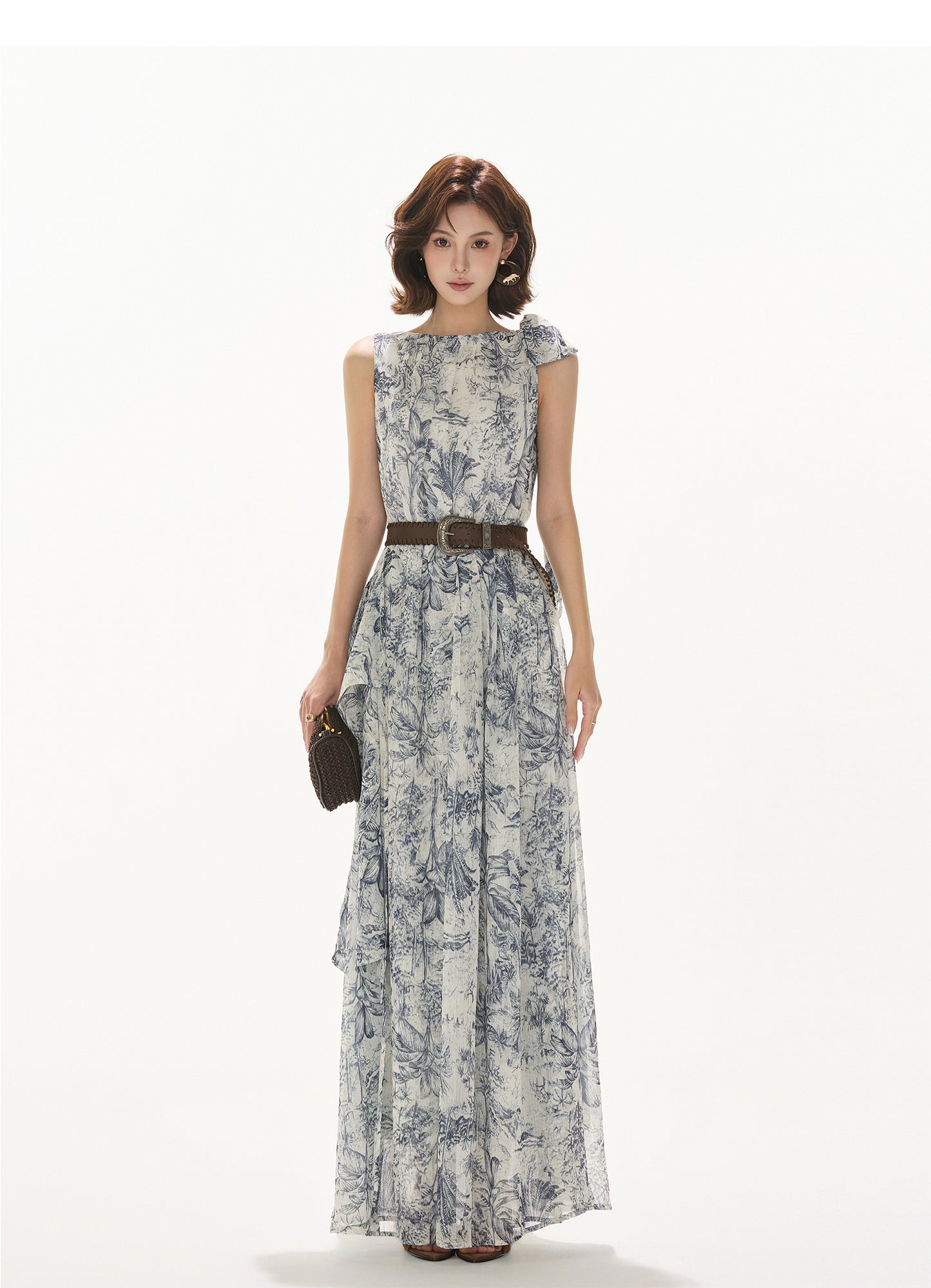 NORWEGIAN FOREST PRINT CHIFFON WAIST ONE-PIECE