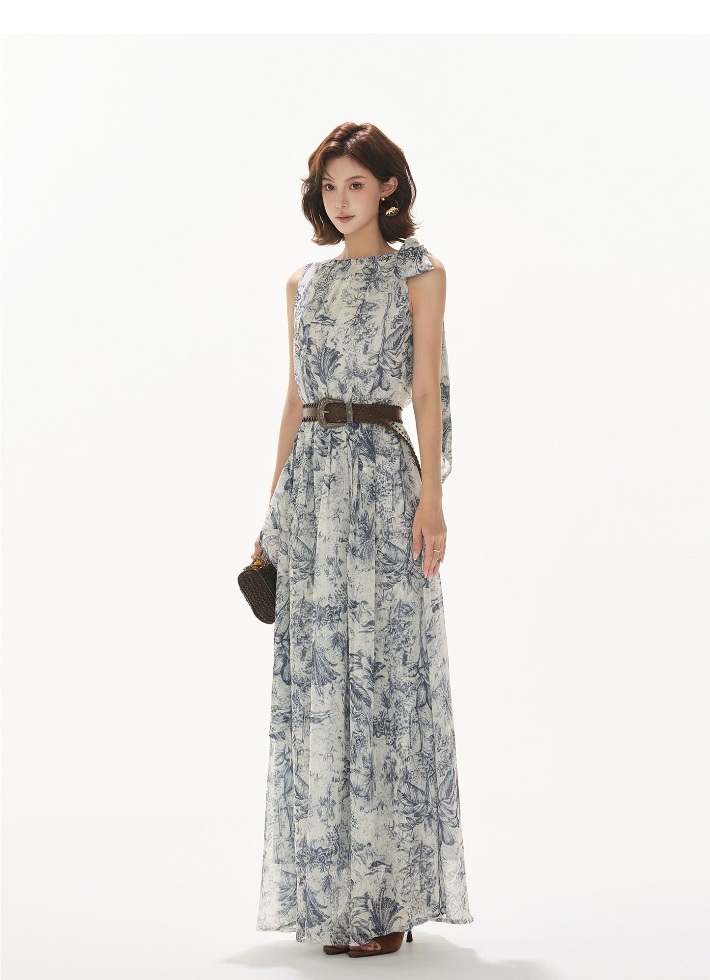 NORWEGIAN FOREST PRINT CHIFFON WAIST ONE-PIECE
