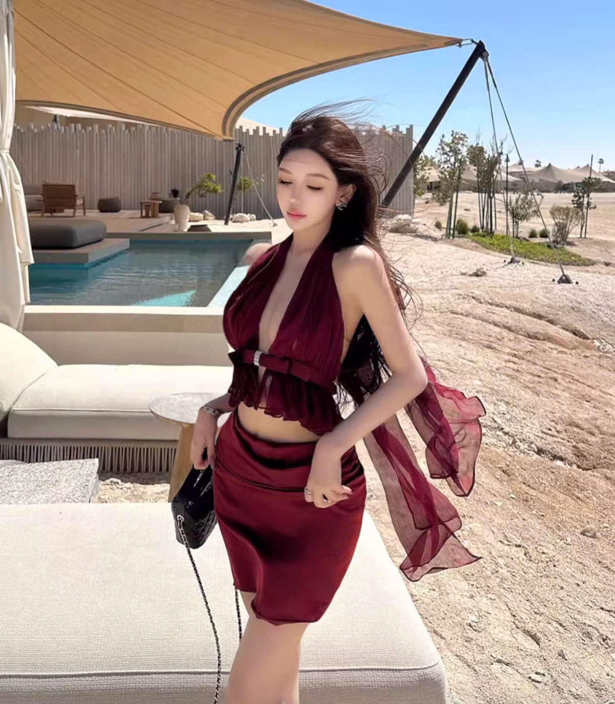 VACATION STYLE MESH TOP AND SKIRT TWO-PIECE SET