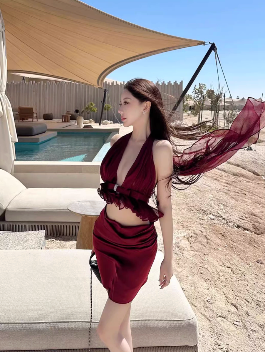 VACATION STYLE MESH TOP AND SKIRT TWO-PIECE SET