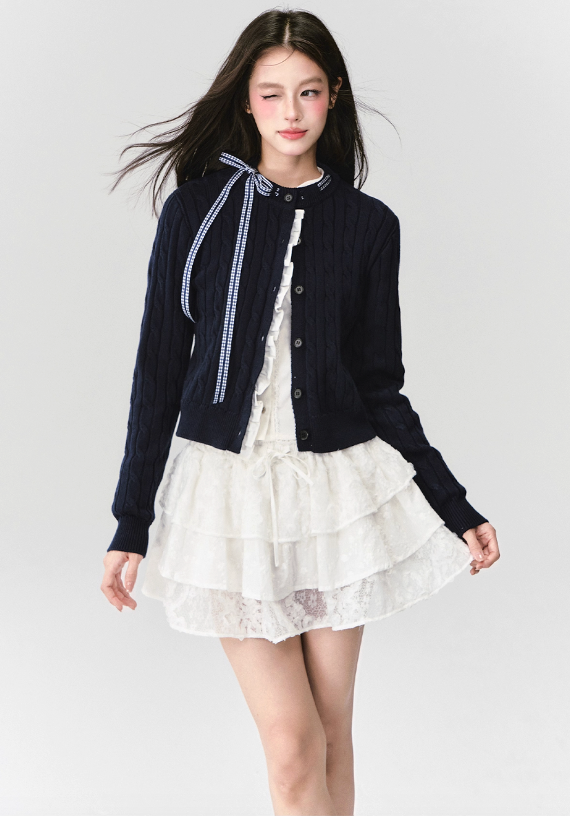 FRENCH CABLE-KNIT BOW CARDIGAN WITH CONTRAST PANELS