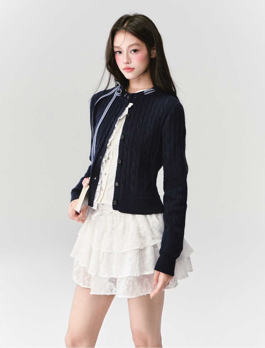 FRENCH CABLE-KNIT BOW CARDIGAN WITH CONTRAST PANELS