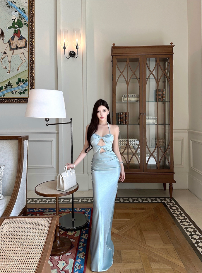 SATIN OFF-SHOULDER HALTER DRESS