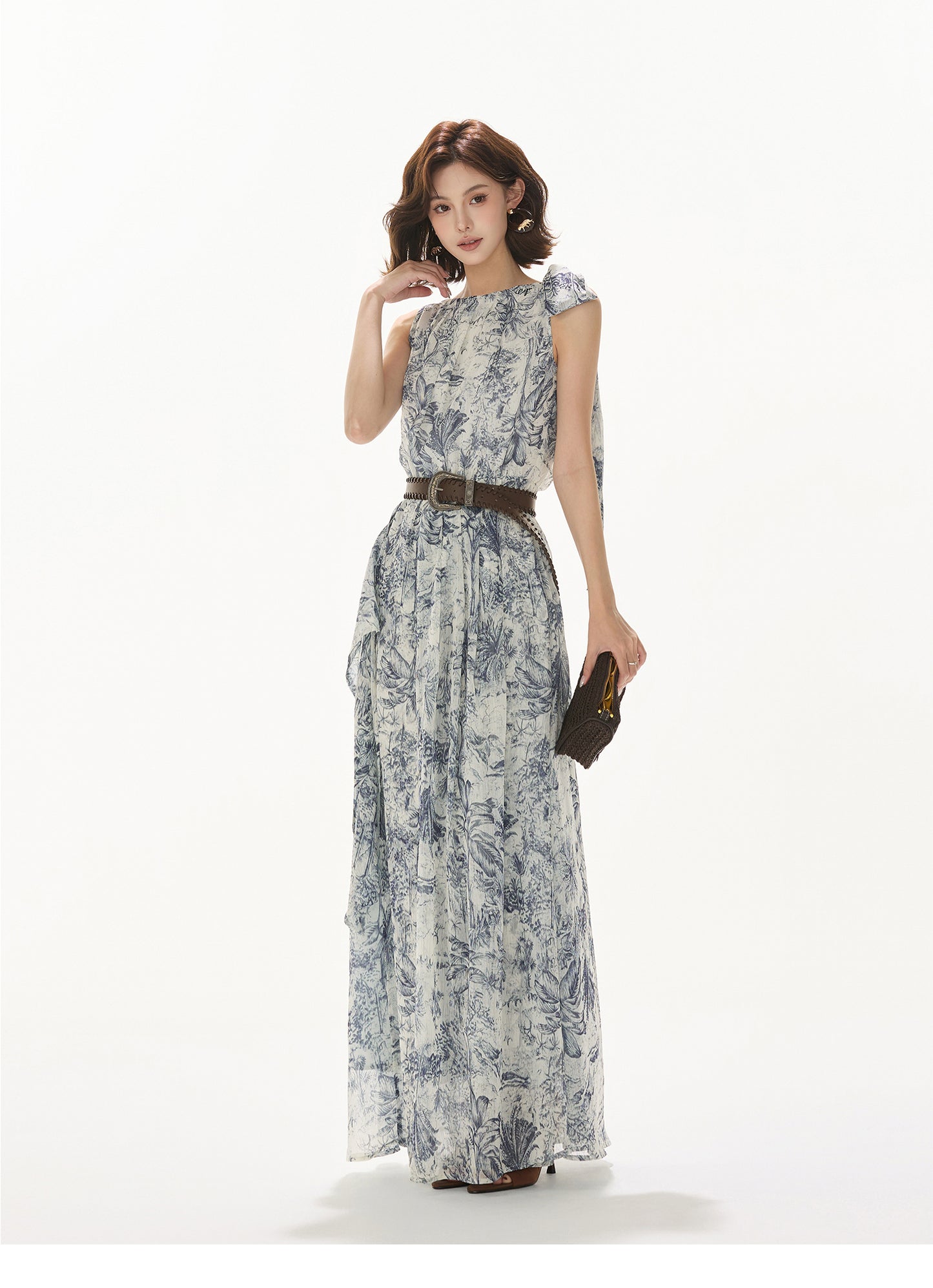 NORWEGIAN FOREST PRINT CHIFFON WAIST ONE-PIECE
