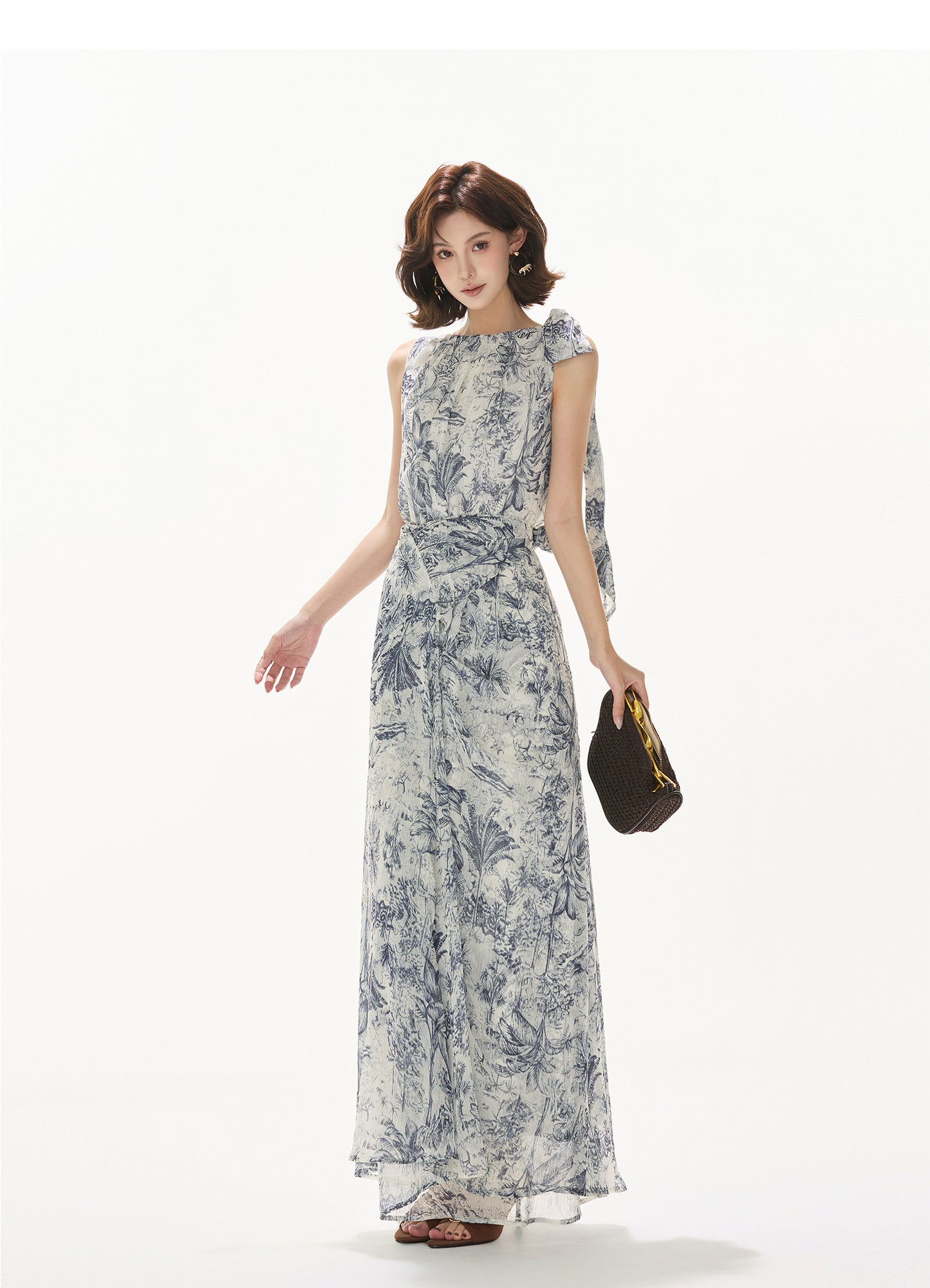 NORWEGIAN FOREST PRINT CHIFFON WAIST ONE-PIECE