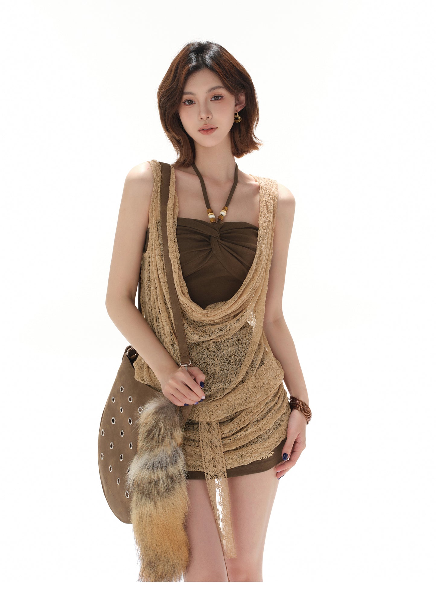 RETRO LACE FLARED COLLAR SLIM FIT TWO-PIECE DRESS