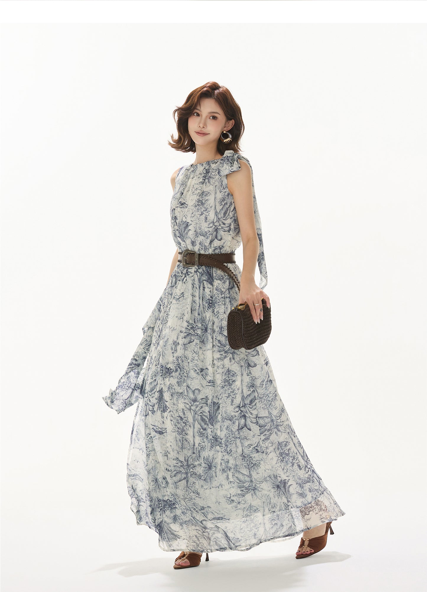 NORWEGIAN FOREST PRINT CHIFFON WAIST ONE-PIECE