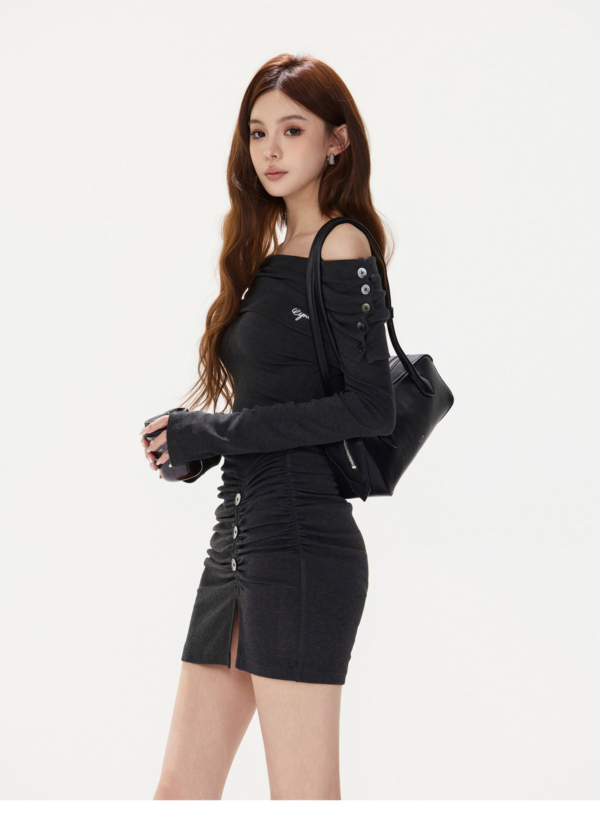CHARCOAL DRAPED ASYMMETRIC MINI DRESS