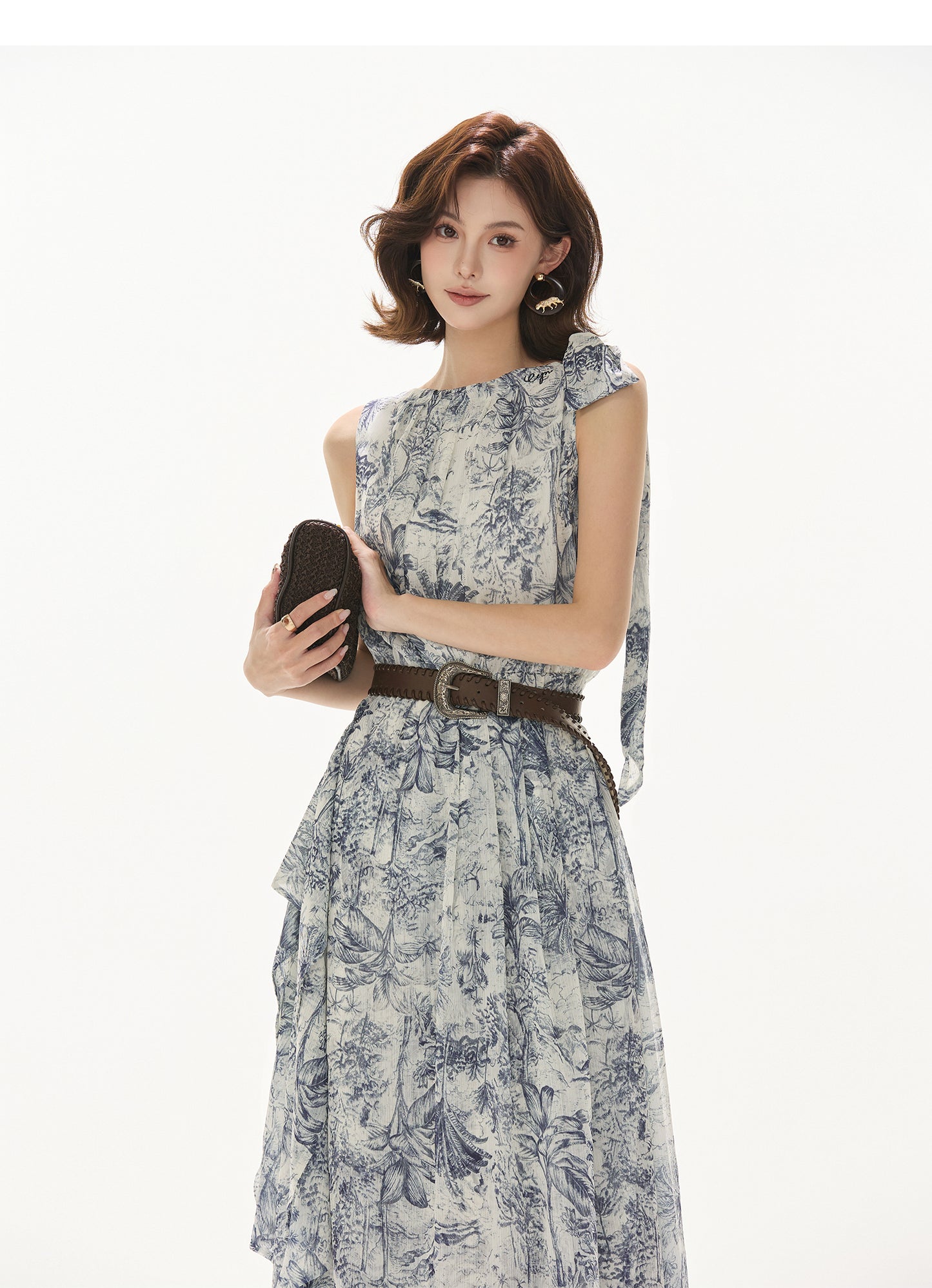 NORWEGIAN FOREST PRINT CHIFFON WAIST ONE-PIECE