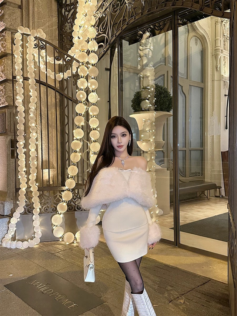 WHITE FAUX MINK KNIT SKIRT SET