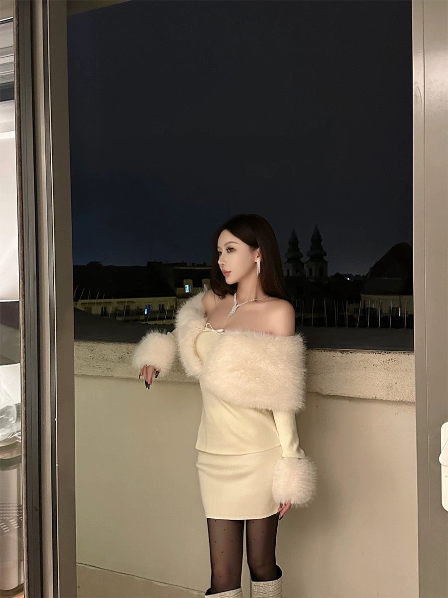 WHITE FAUX MINK KNIT SKIRT SET