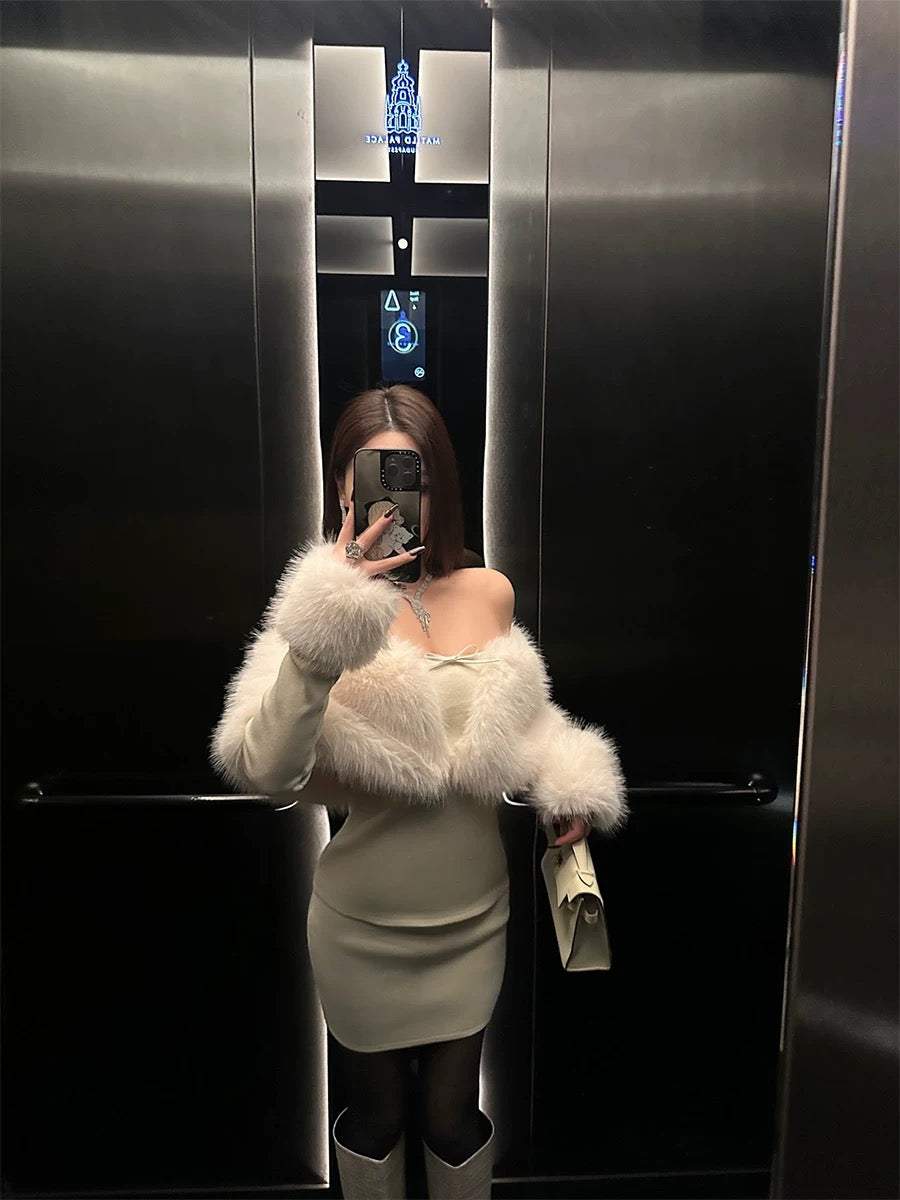 WHITE FAUX MINK KNIT SKIRT SET