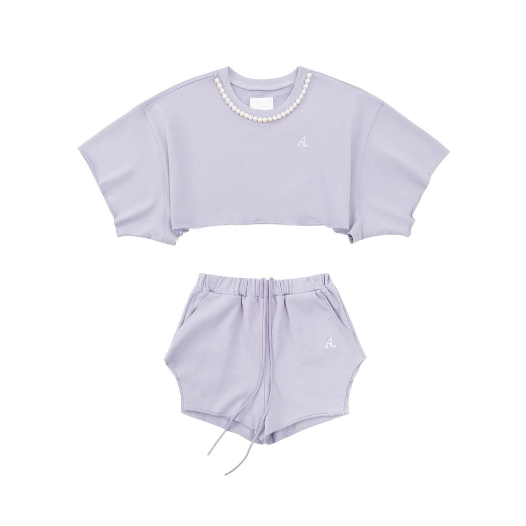 PEARL NECKLACE CROPPED SWEAT SHORTS SET UP