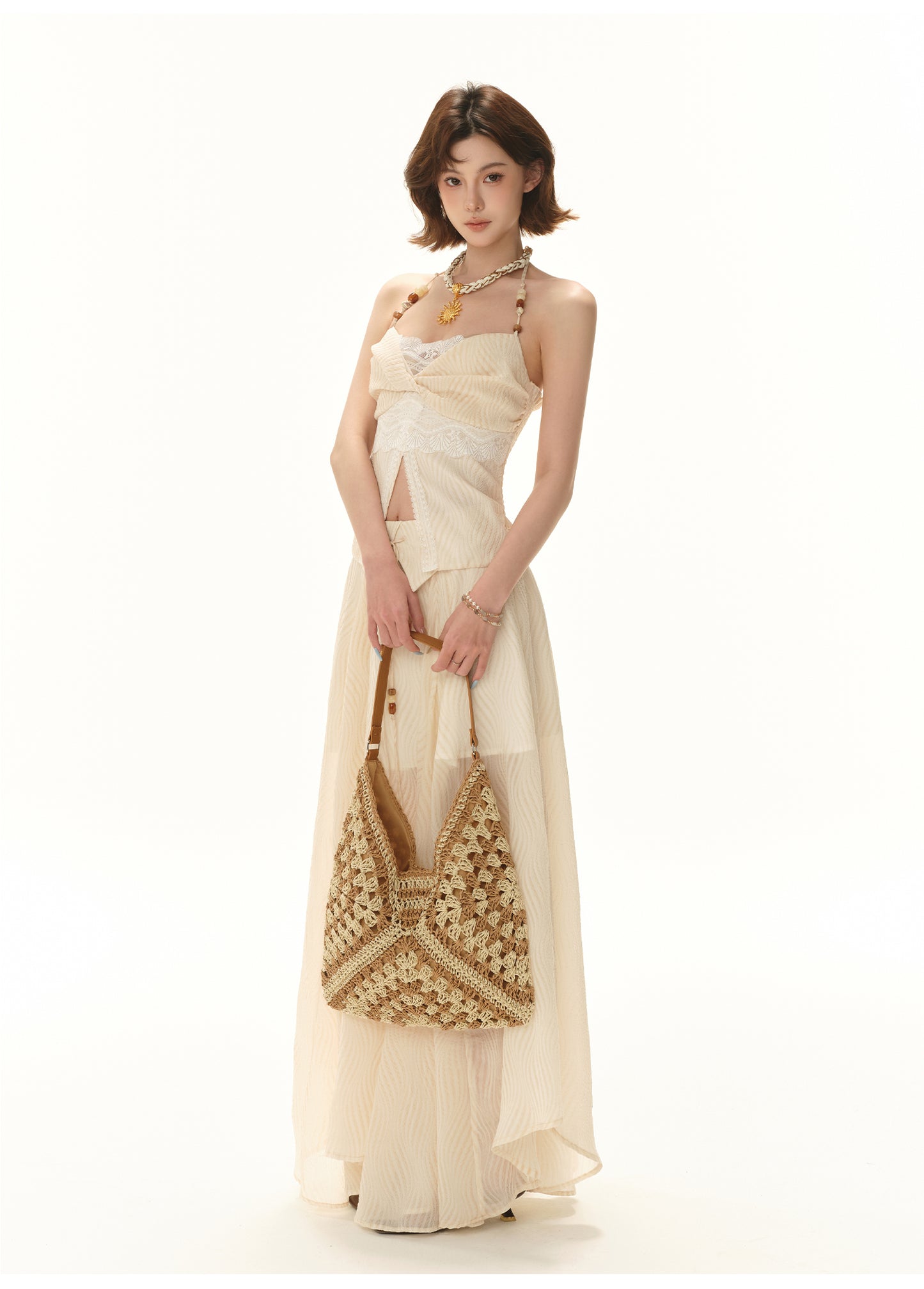 VACATION-STYLE BEADED HALTER TOP & FLOWY MAXI SKIRT SET