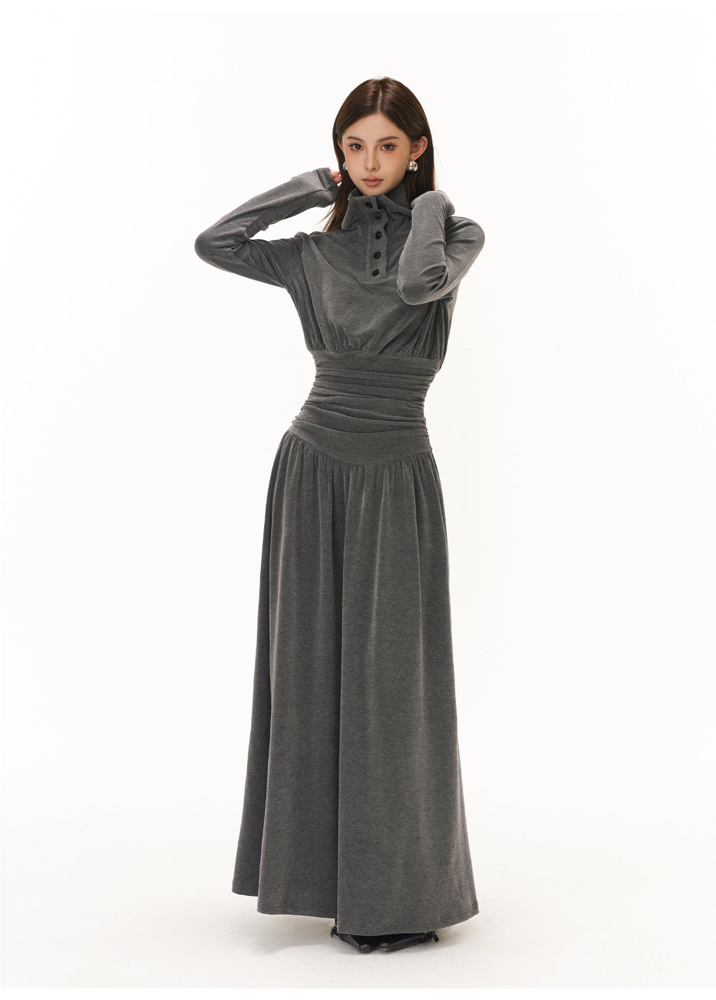 POLO COLLAR PLEATED WAIST A-LINE ONE-PIECE