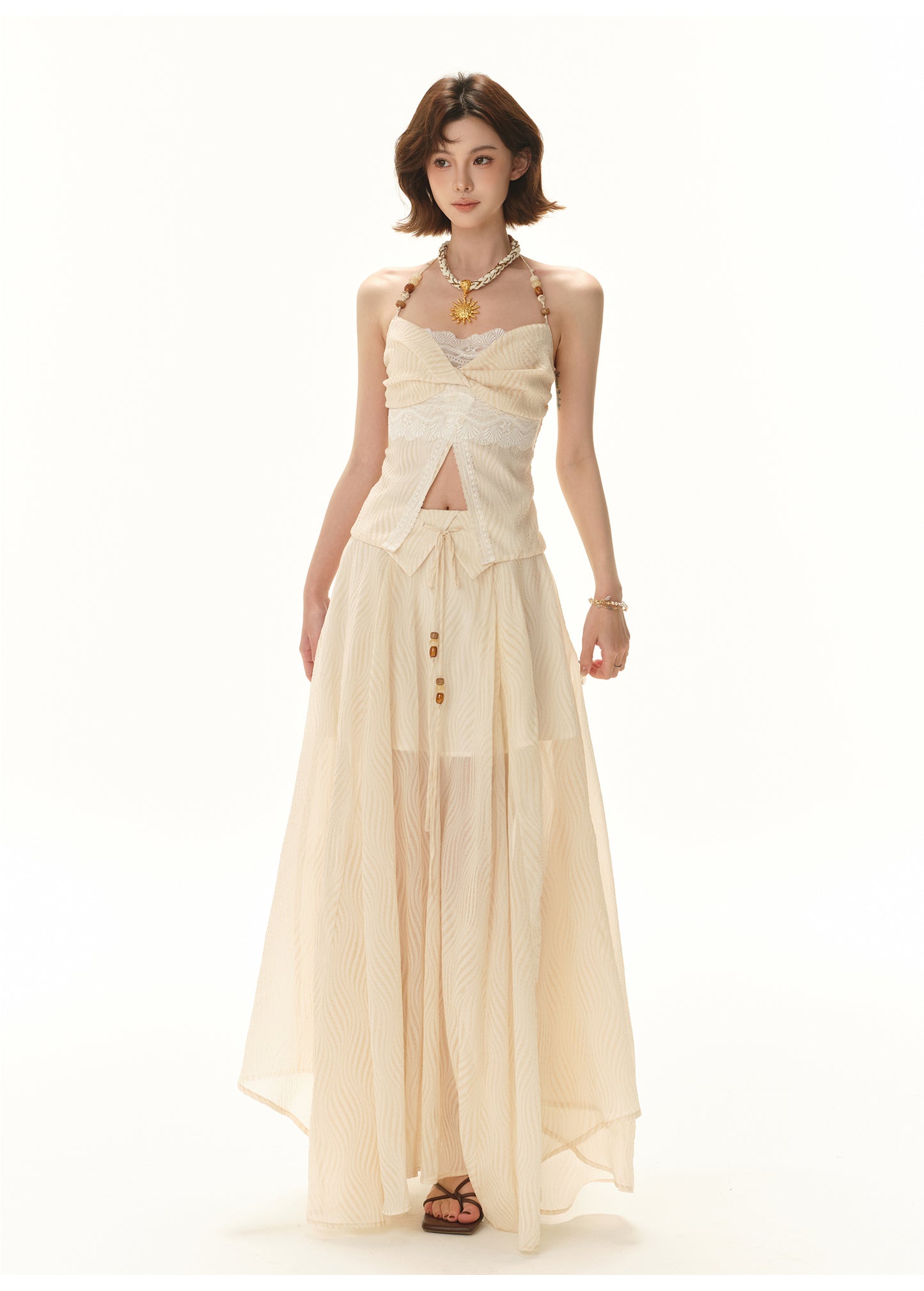 VACATION-STYLE BEADED HALTER TOP & FLOWY MAXI SKIRT SET