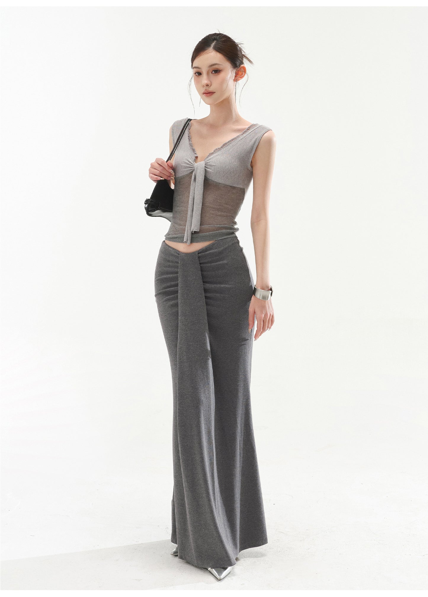 V-NECK SEXY RIBBED KNIT TANK TOP & LOW-RISE KNIT MERMAID BODYCON SKIRT