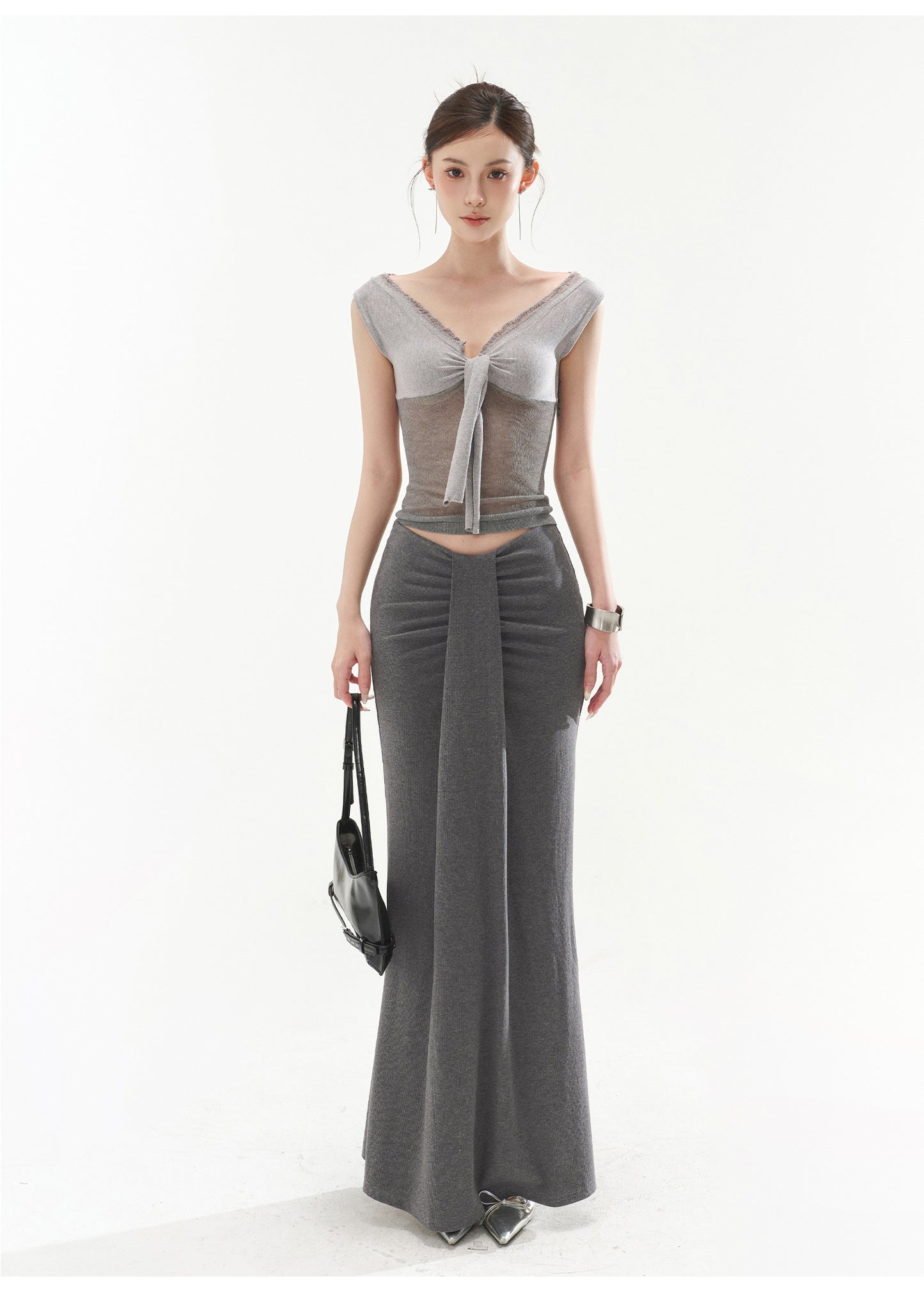 V-NECK SEXY RIBBED KNIT TANK TOP & LOW-RISE KNIT MERMAID BODYCON SKIRT