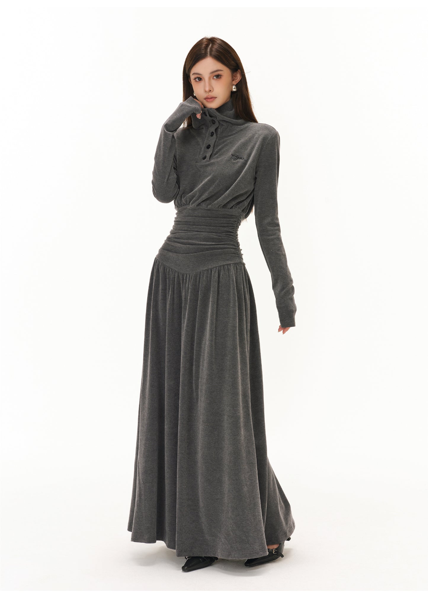 POLO COLLAR PLEATED WAIST A-LINE ONE-PIECE