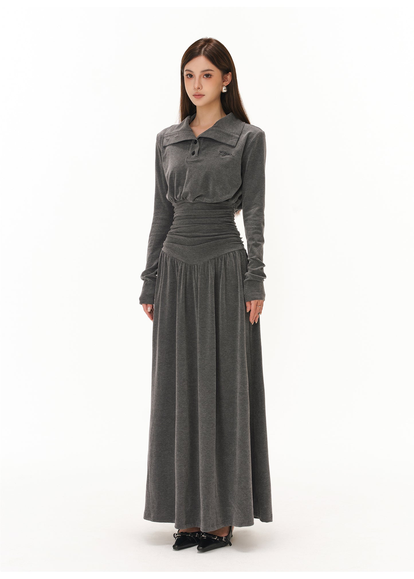 POLO COLLAR PLEATED WAIST A-LINE ONE-PIECE