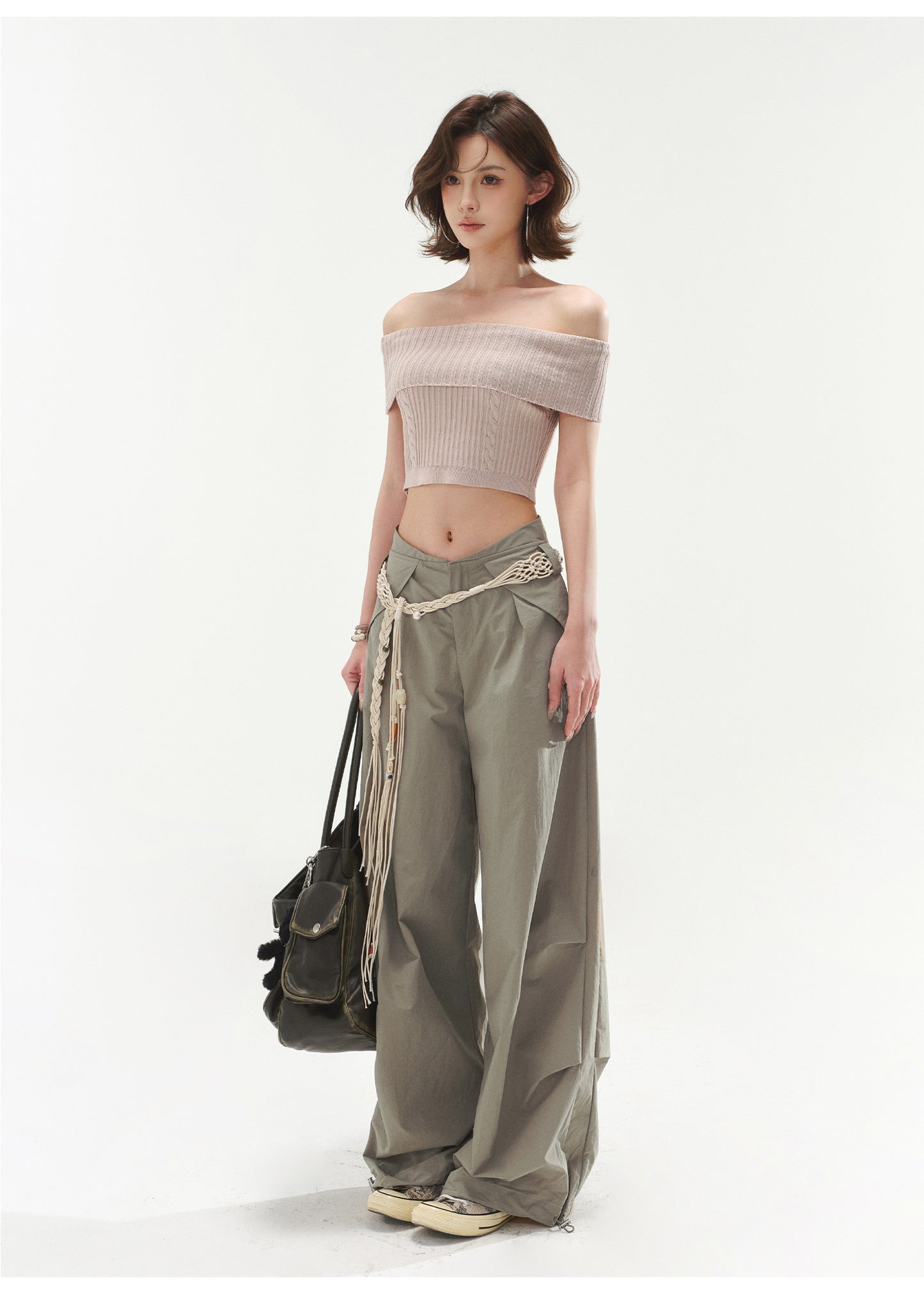 RETRO OFF-SHOULDER CABLE CROP TOP & LOW WAIST CARGO LOOSE PANTS