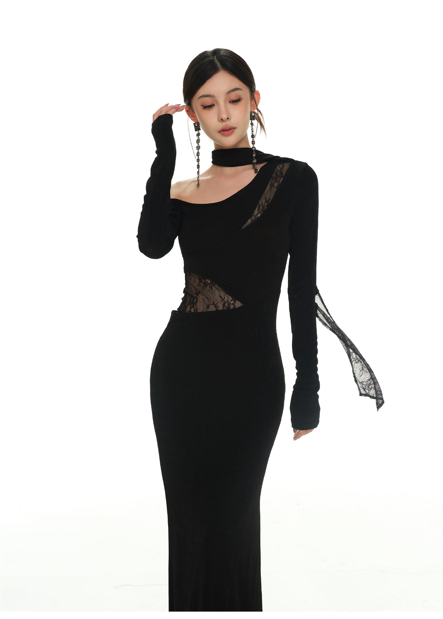 LACE PATCHWORK KNITTED SLIM ONE-PIECE