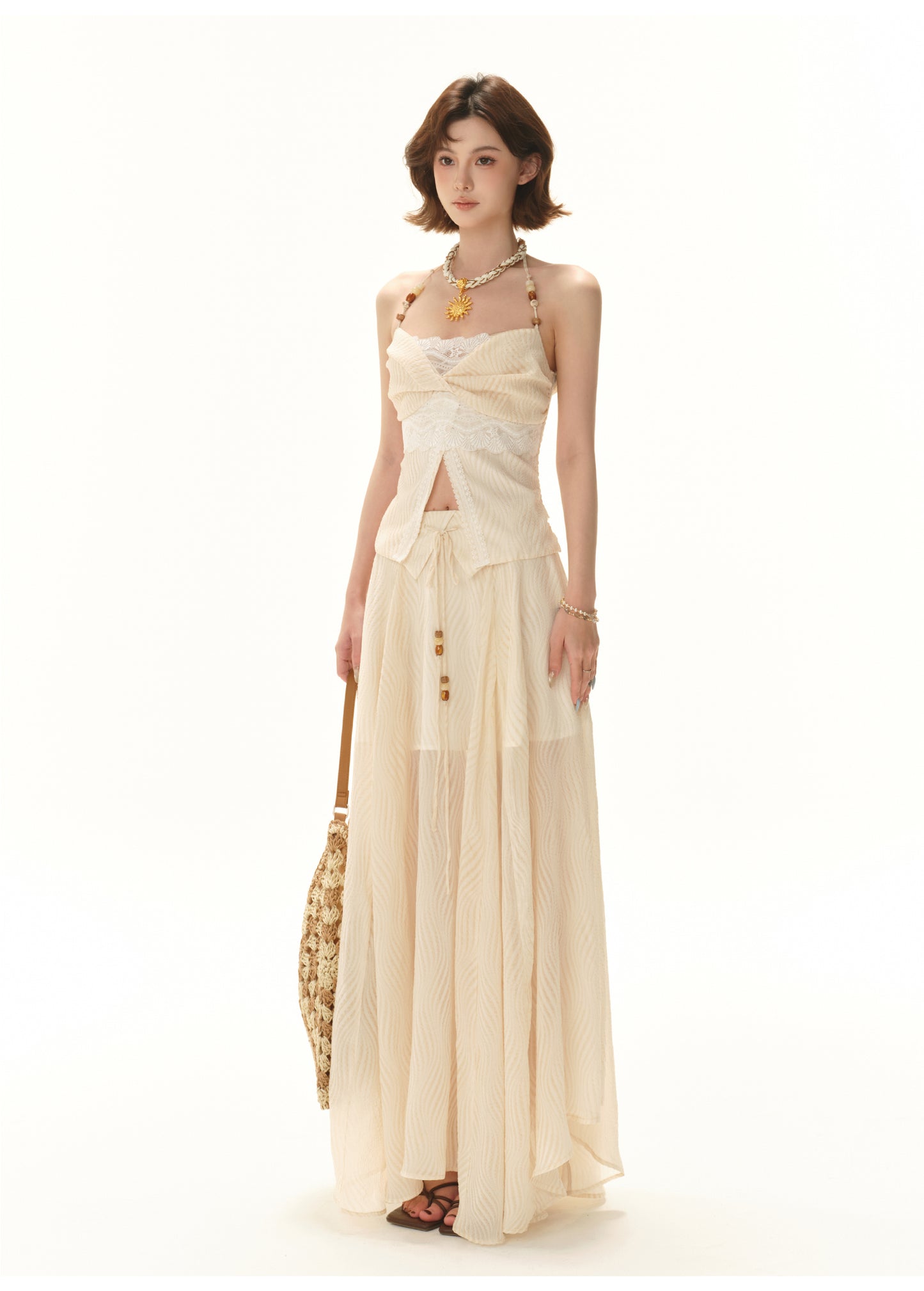 VACATION-STYLE BEADED HALTER TOP & FLOWY MAXI SKIRT SET