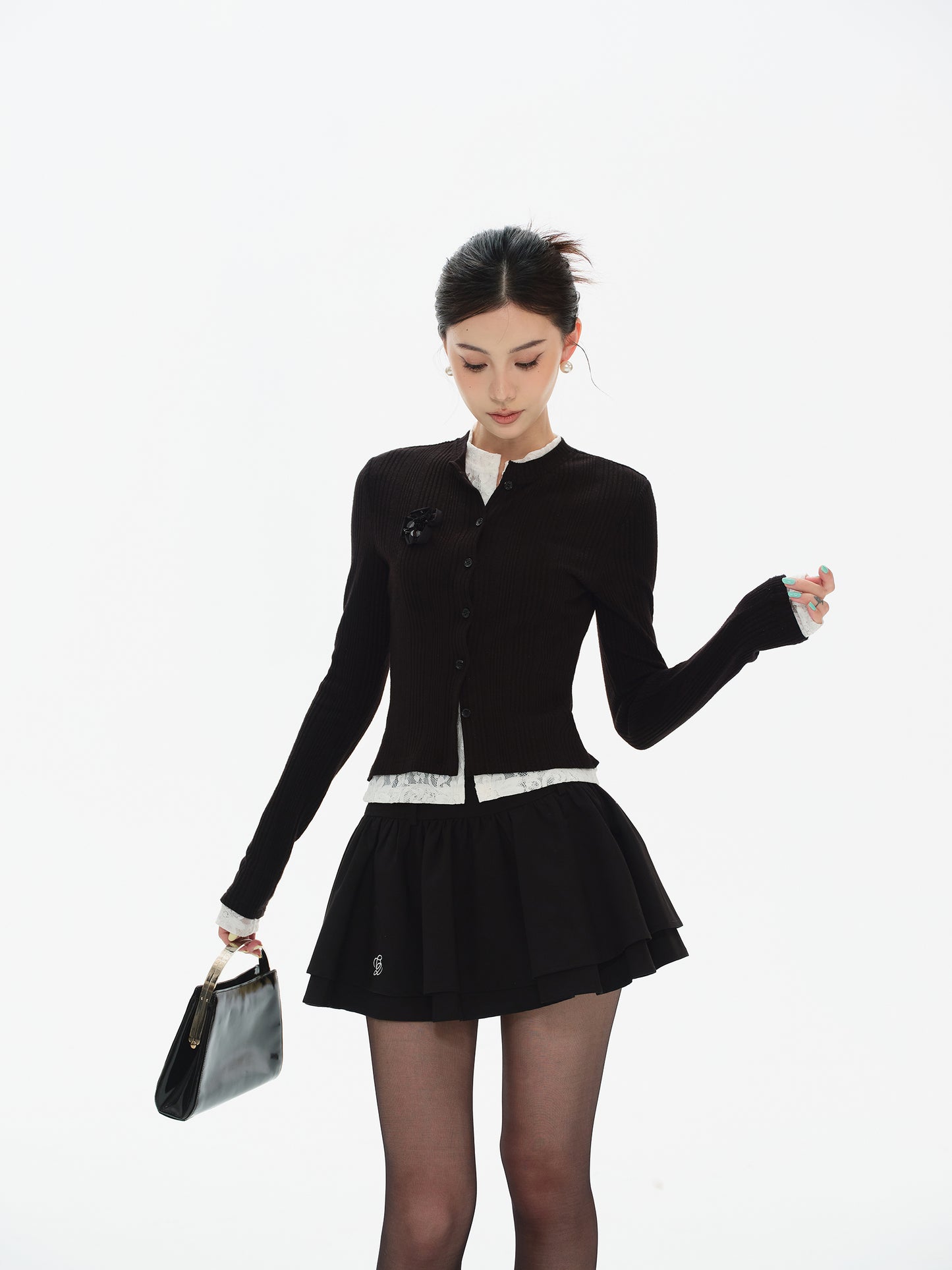 CELEBRITY LACE STITCHING KNIT CARDIGAN & HIGH WAIST PUFFY MINI SKIRT
