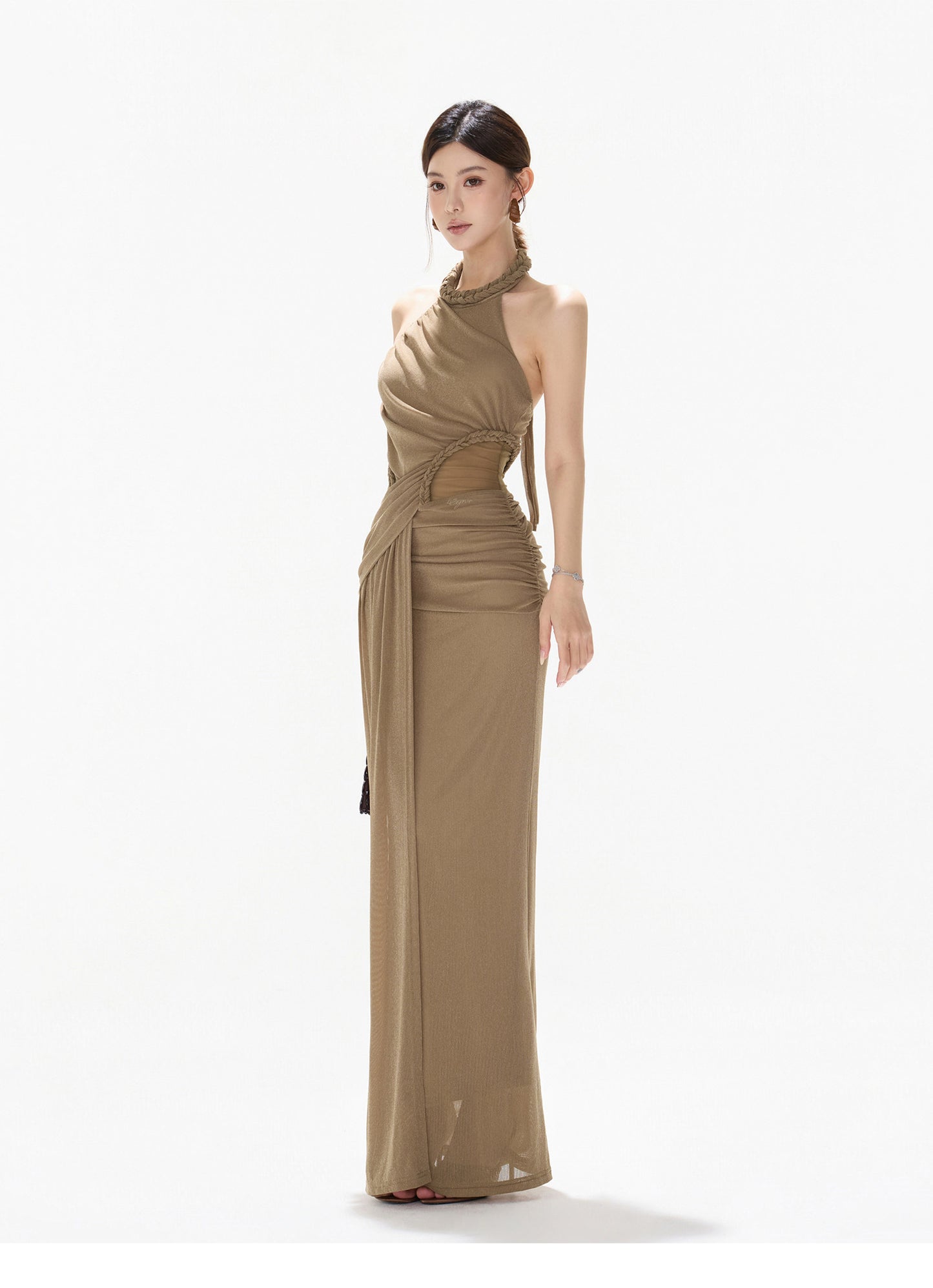 HALTER CUTOUT TULLE DRAPED EVENING DRESS