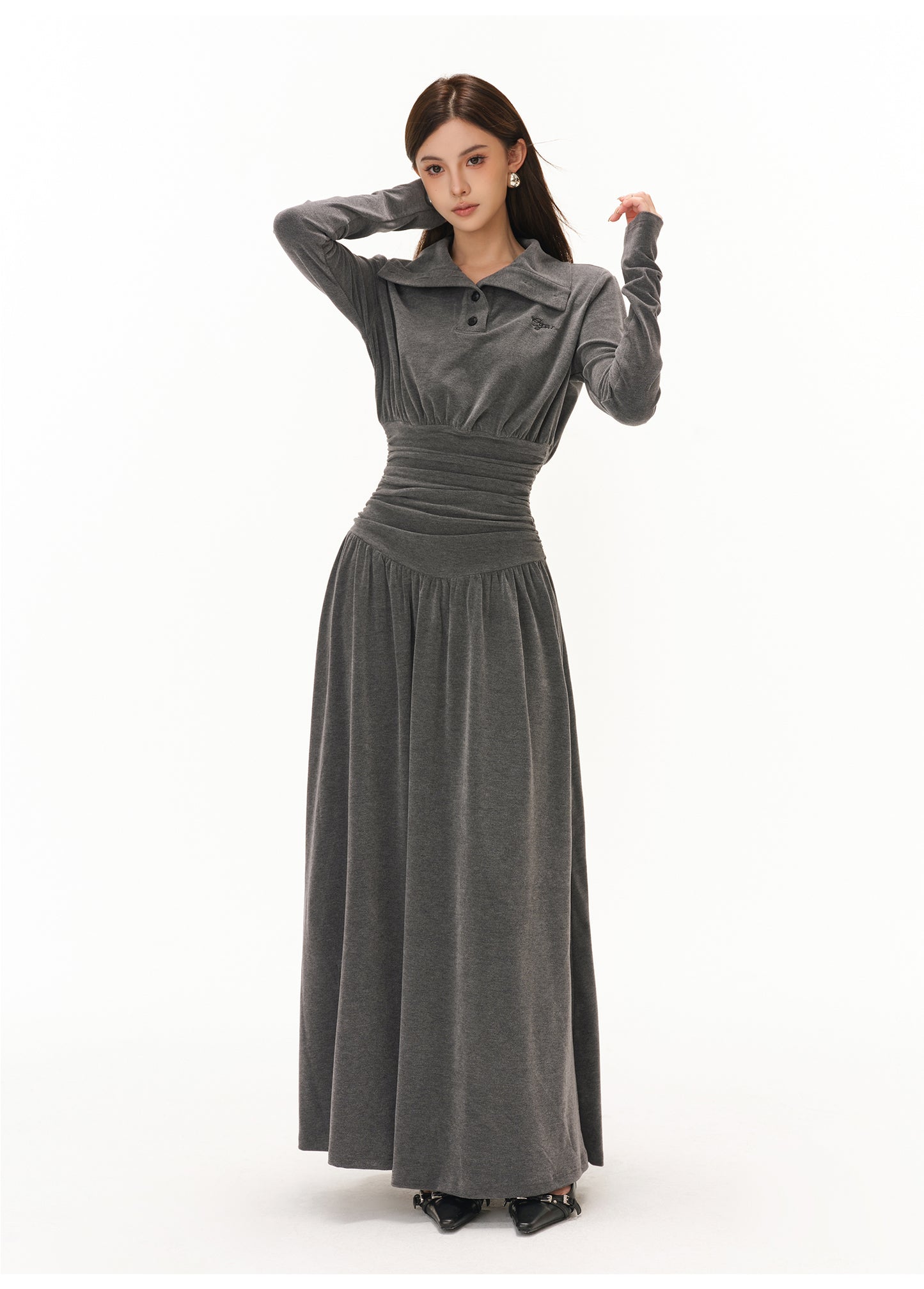 POLO COLLAR PLEATED WAIST A-LINE ONE-PIECE