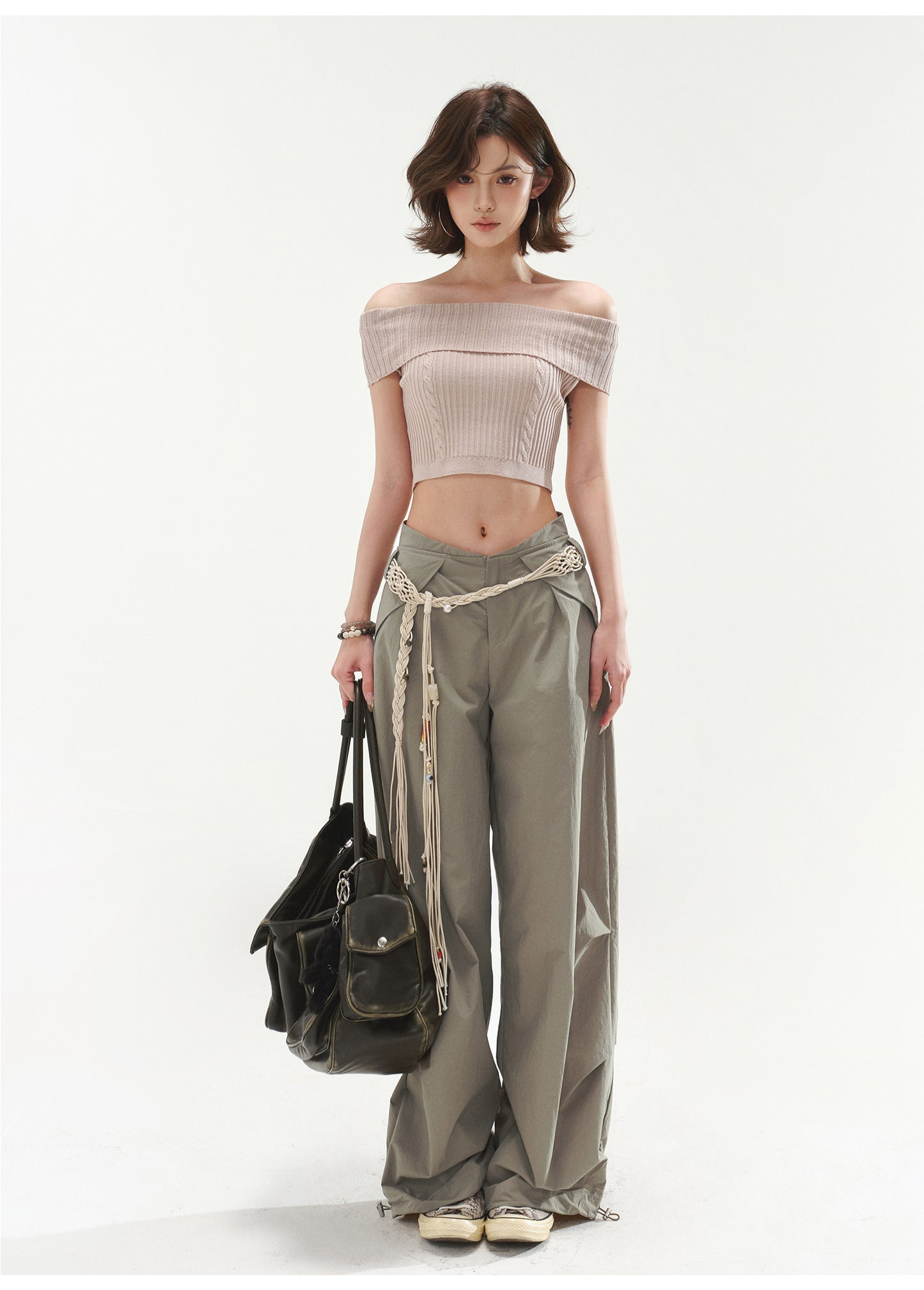 RETRO OFF-SHOULDER CABLE CROP TOP & LOW WAIST CARGO LOOSE PANTS