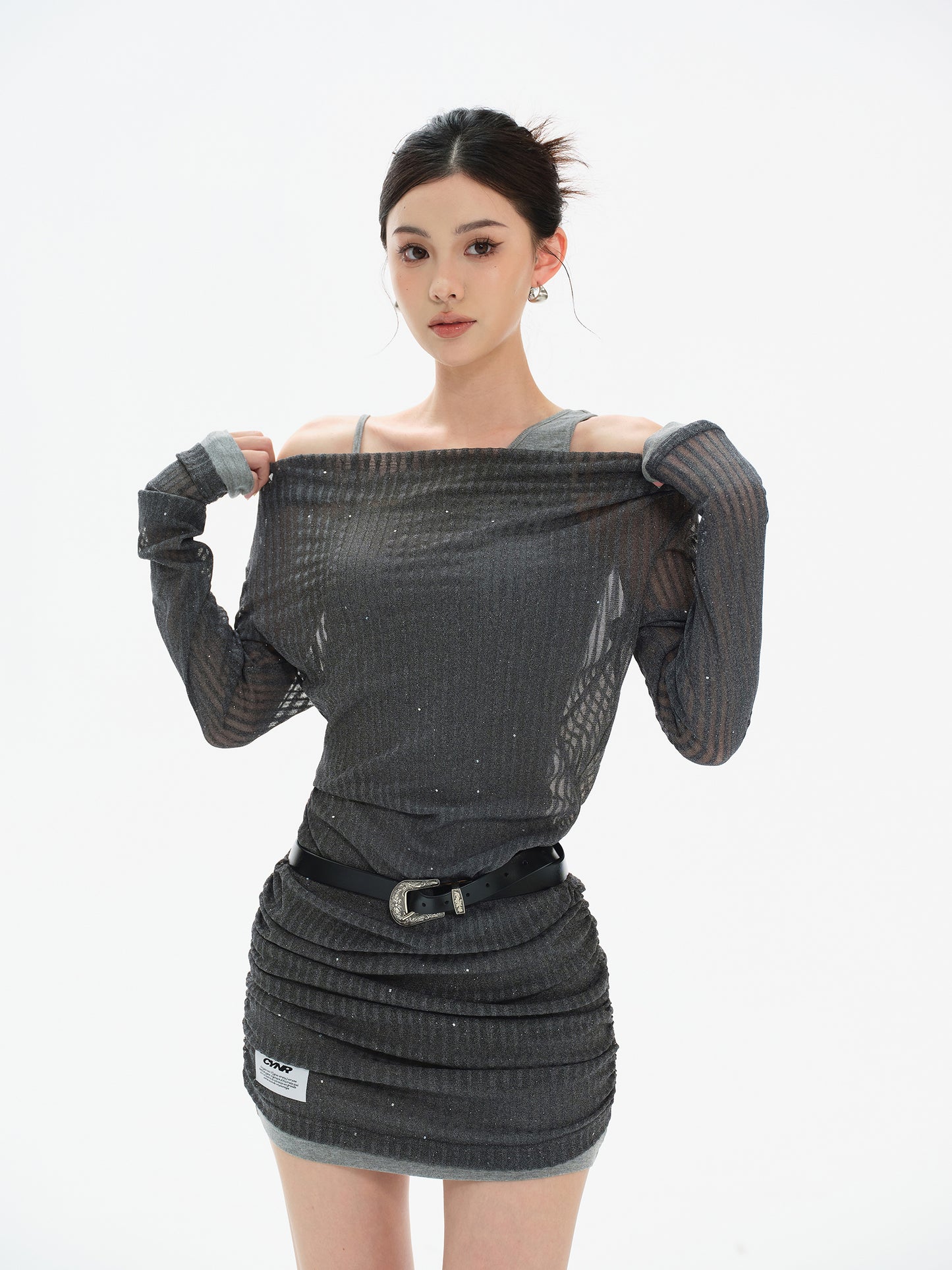 SILVER GREY FAKE 2-PIECE OFF-SHOULDER ONE-PIECE