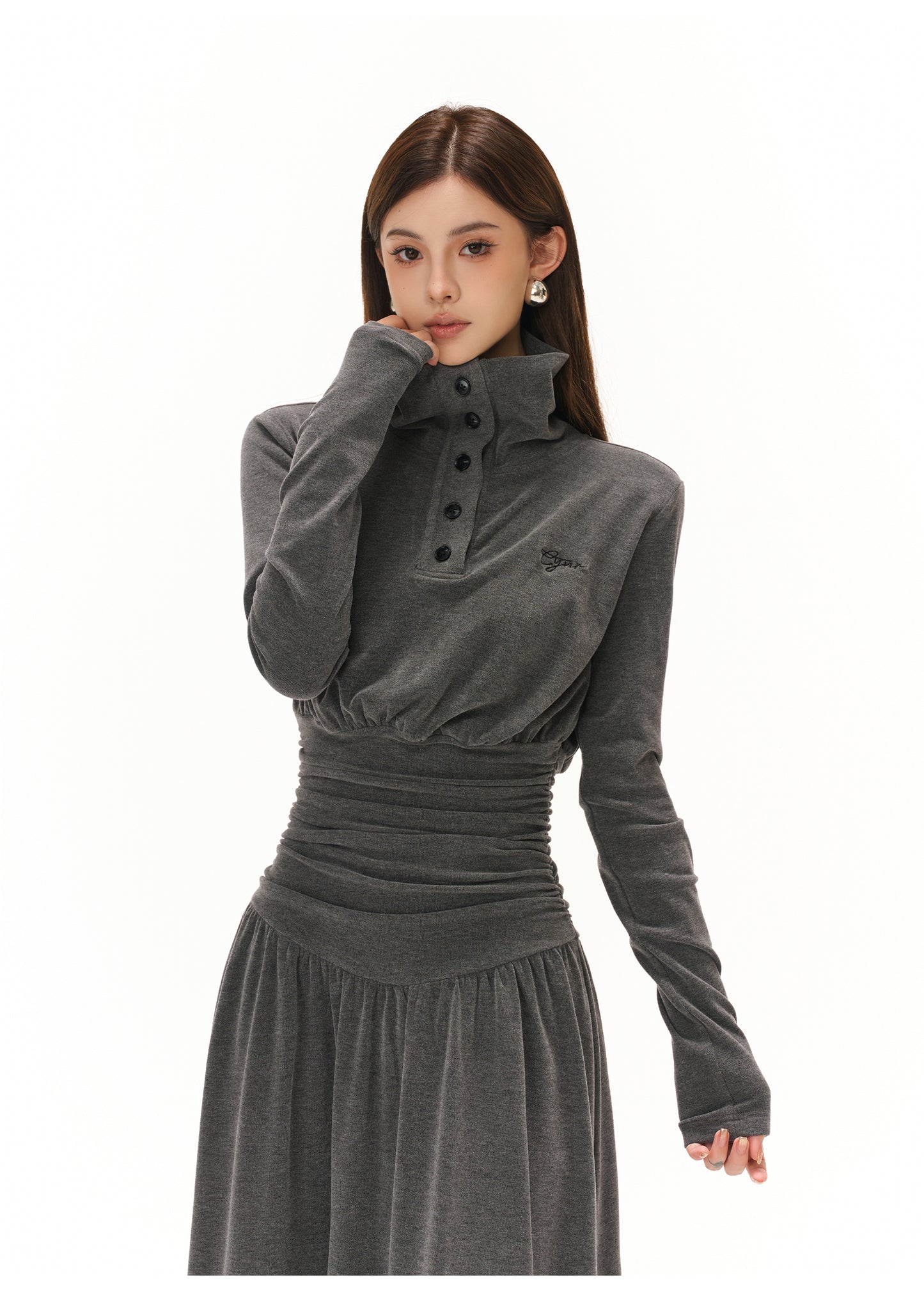 POLO COLLAR PLEATED WAIST A-LINE ONE-PIECE