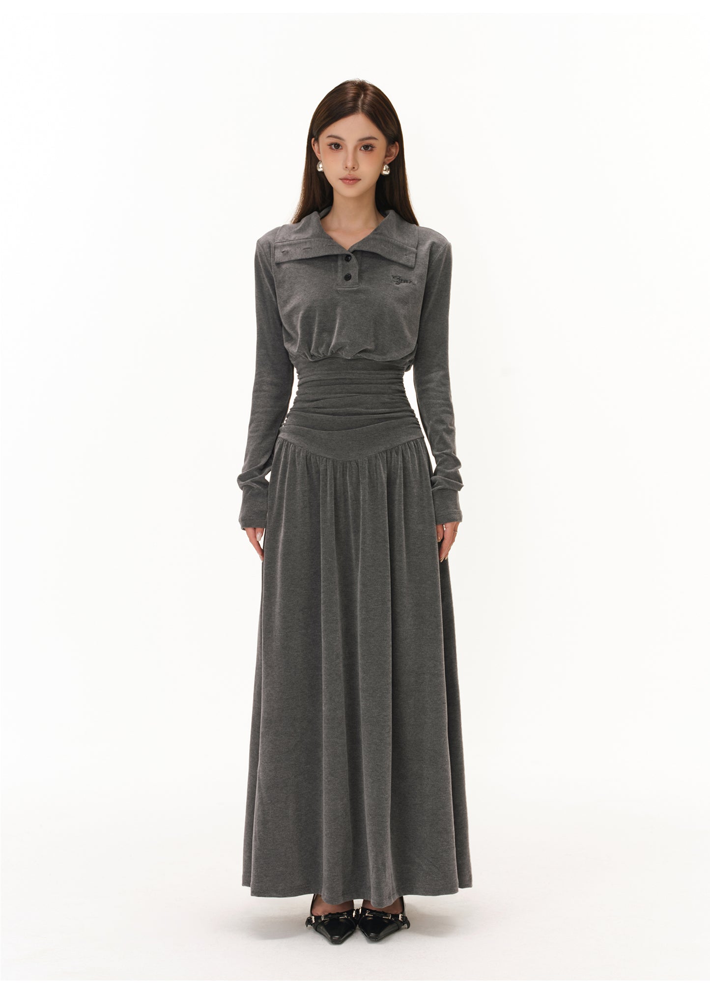 POLO COLLAR PLEATED WAIST A-LINE ONE-PIECE