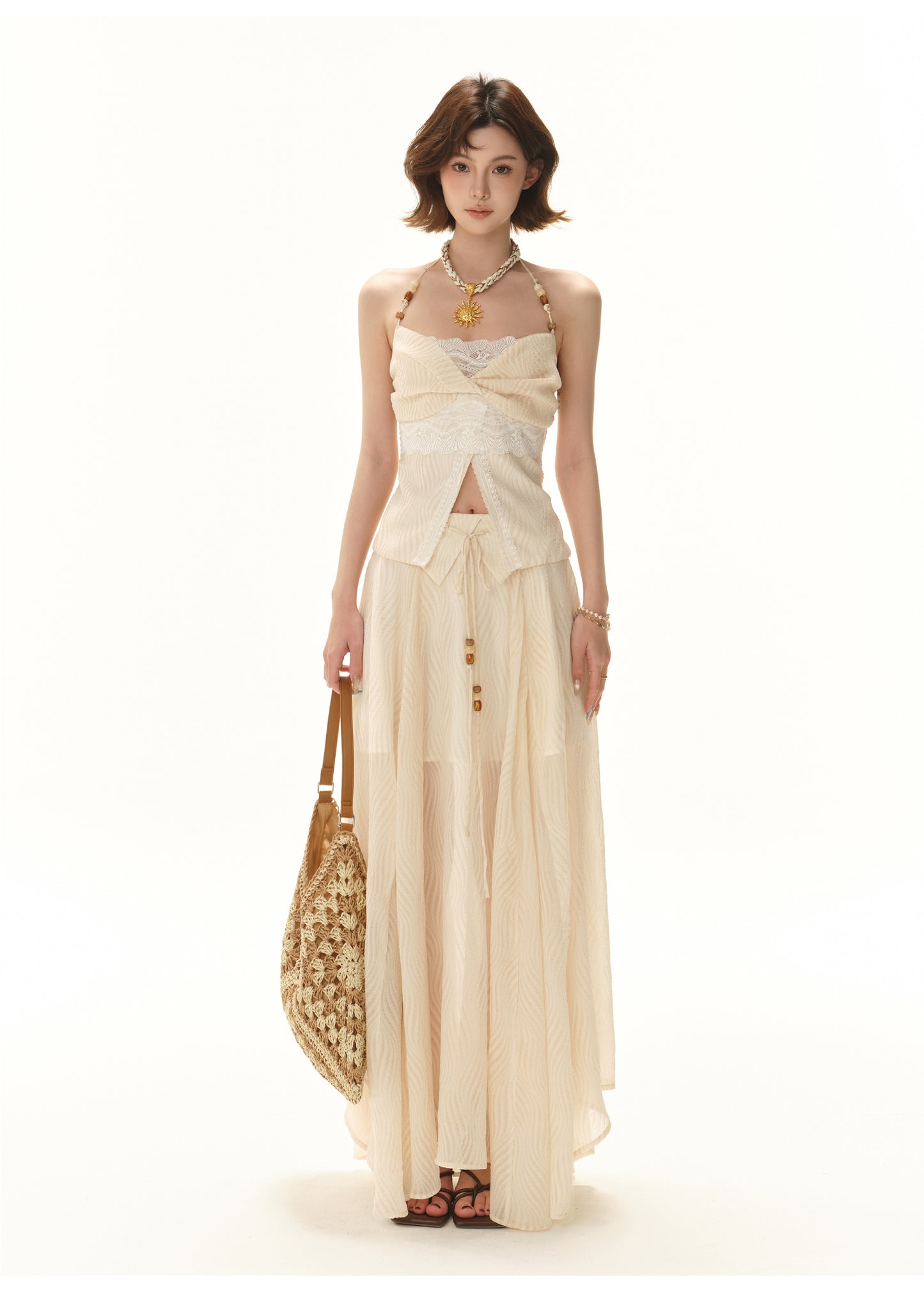 VACATION-STYLE BEADED HALTER TOP & FLOWY MAXI SKIRT SET