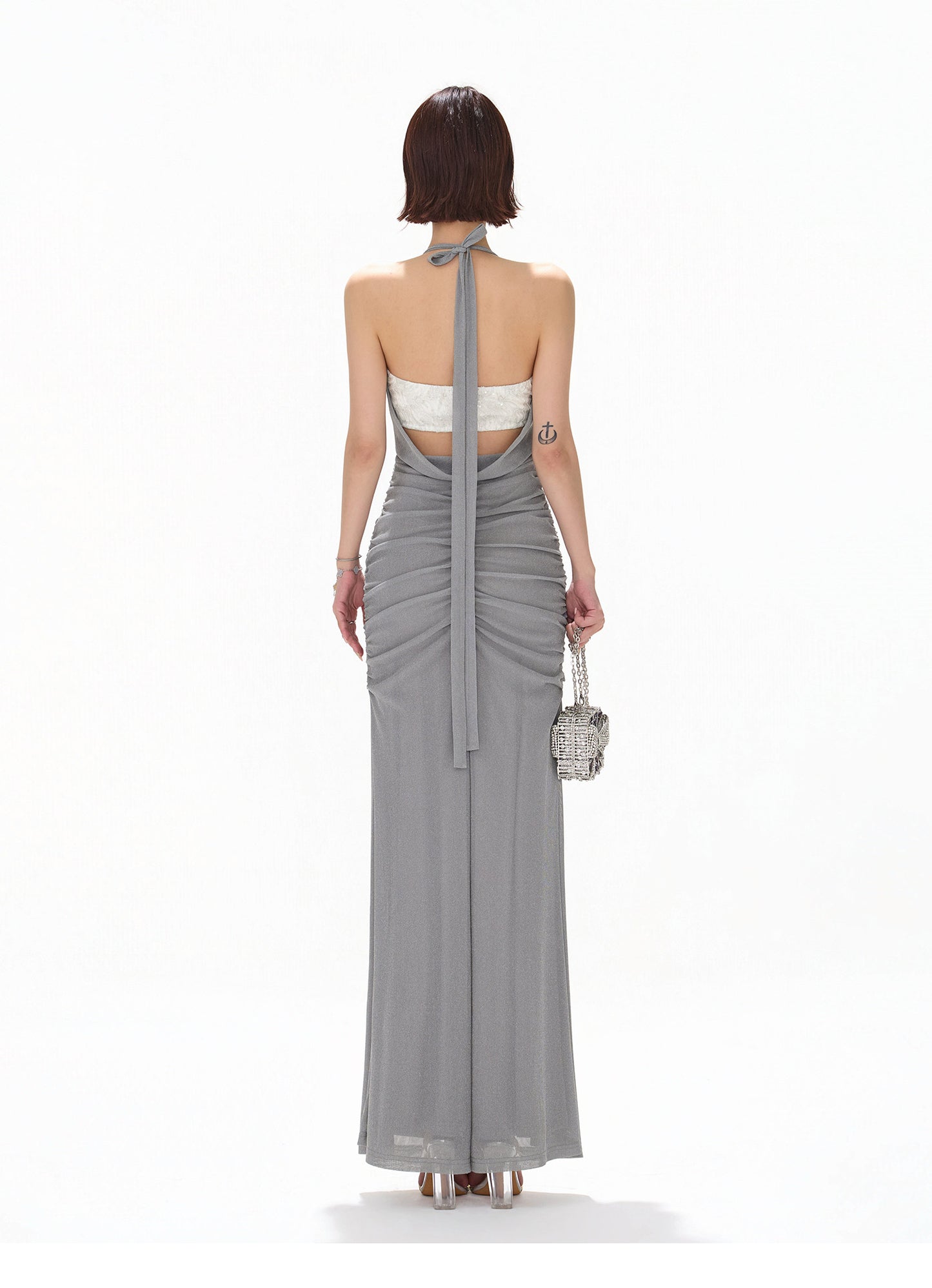 【日本在庫 】MISTY BLUE HALTER DRAPED TULLE DRESS