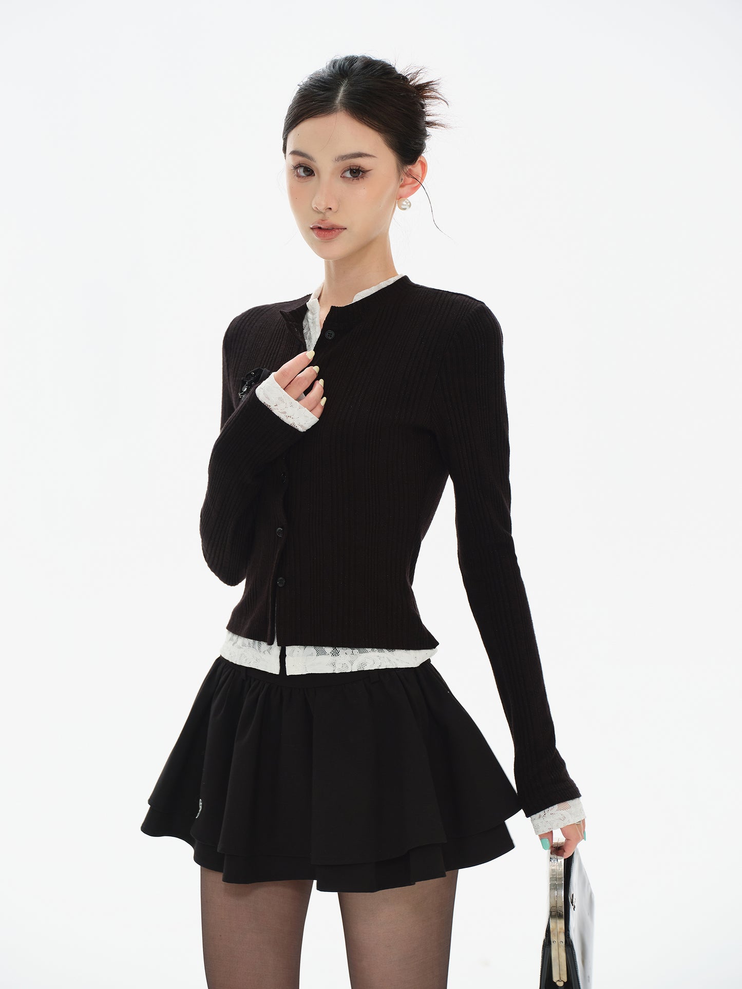 CELEBRITY LACE STITCHING KNIT CARDIGAN & HIGH WAIST PUFFY MINI SKIRT