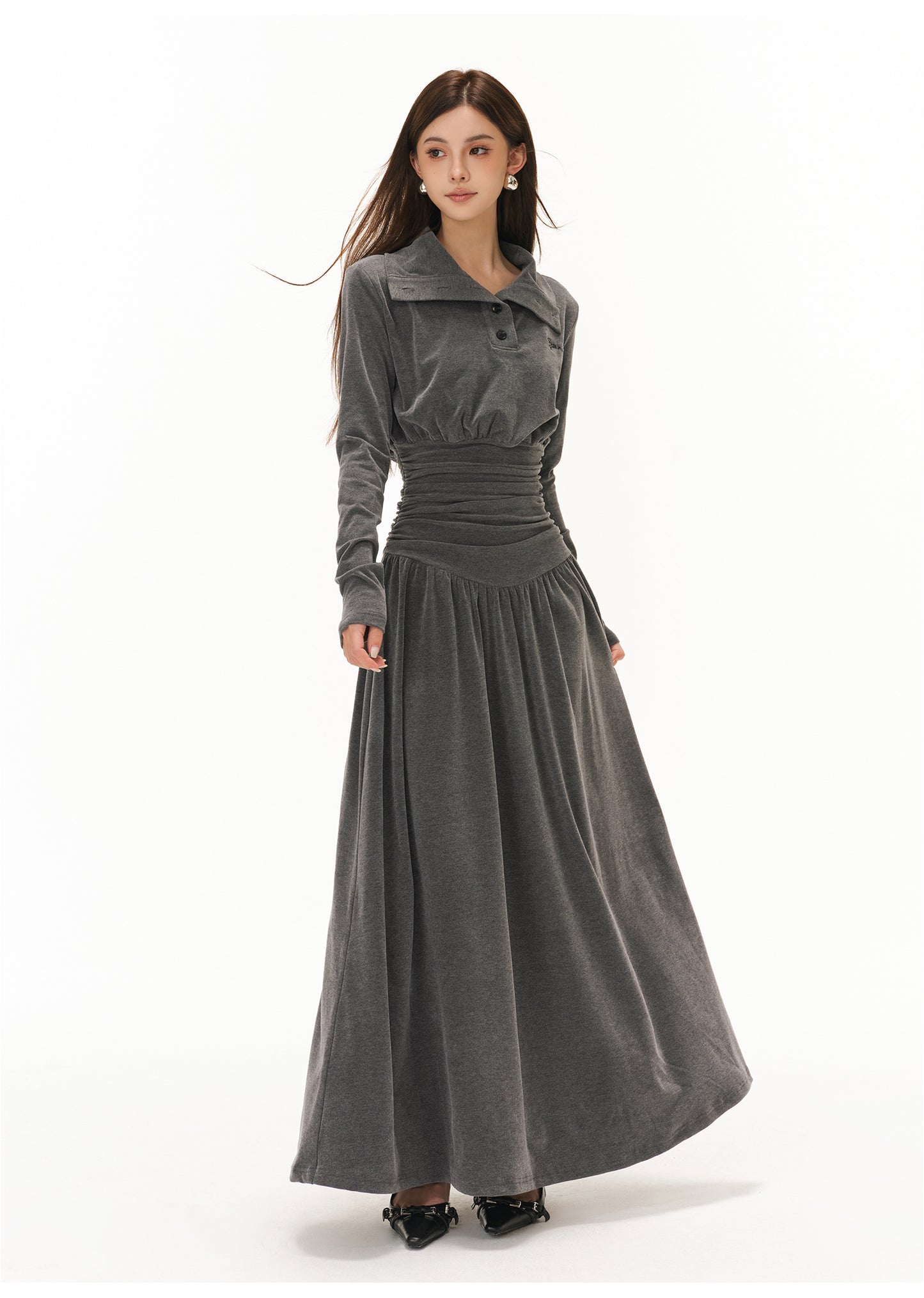 POLO COLLAR PLEATED WAIST A-LINE ONE-PIECE