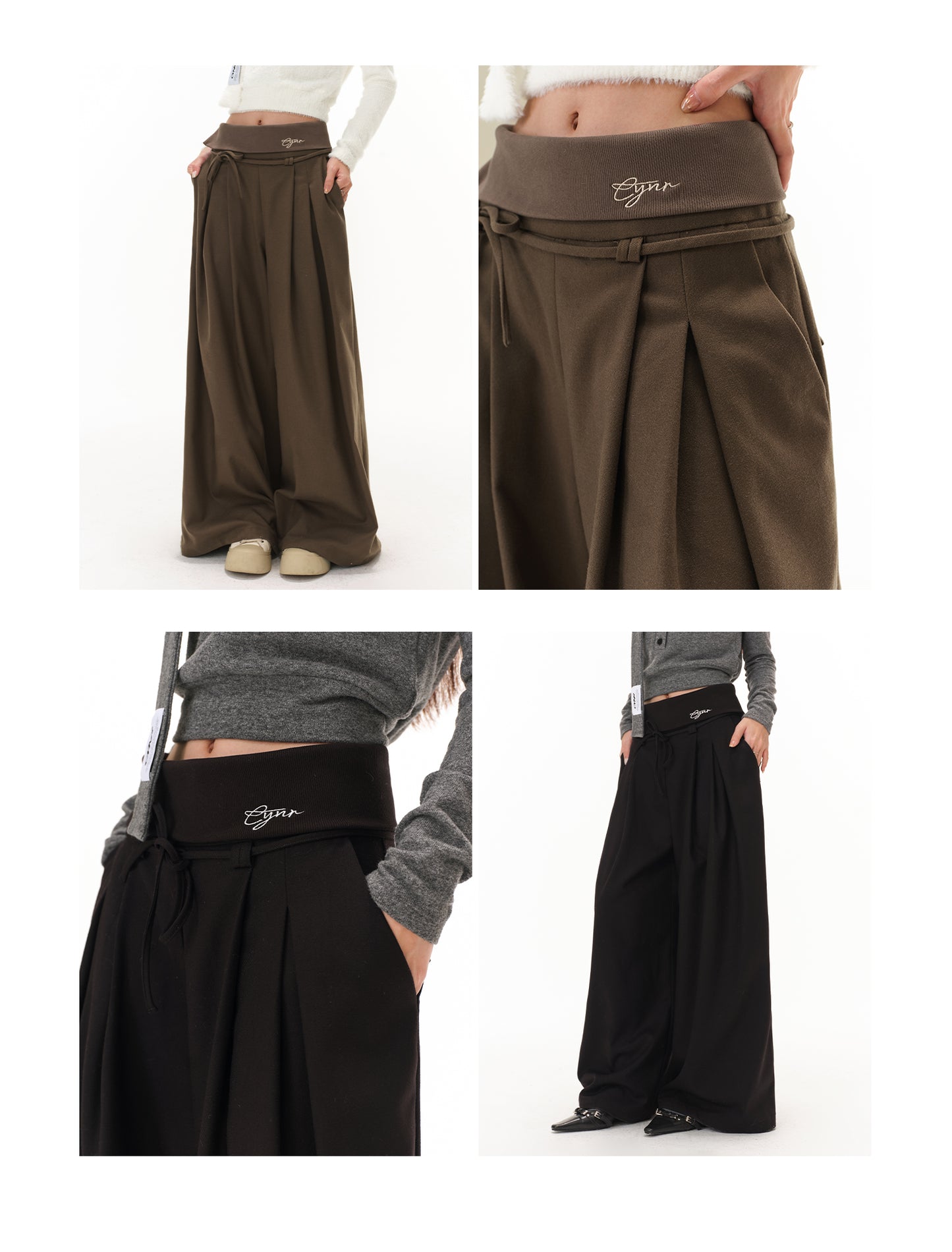 EMBROIDERED DRAPED WIDE-LEG PANTS