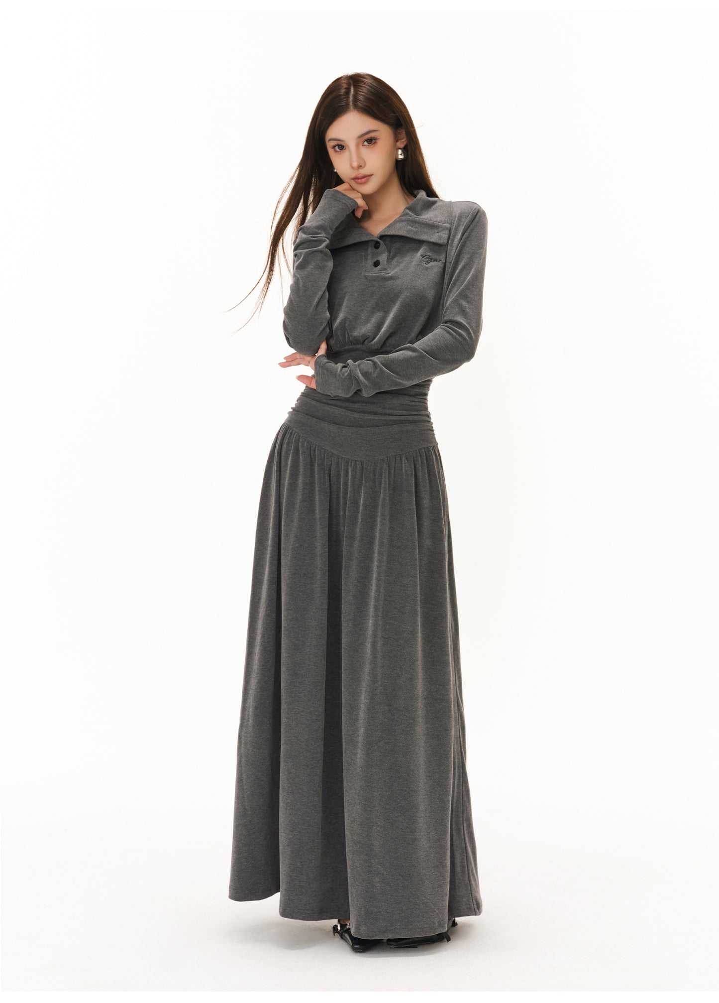 POLO COLLAR PLEATED WAIST A-LINE ONE-PIECE