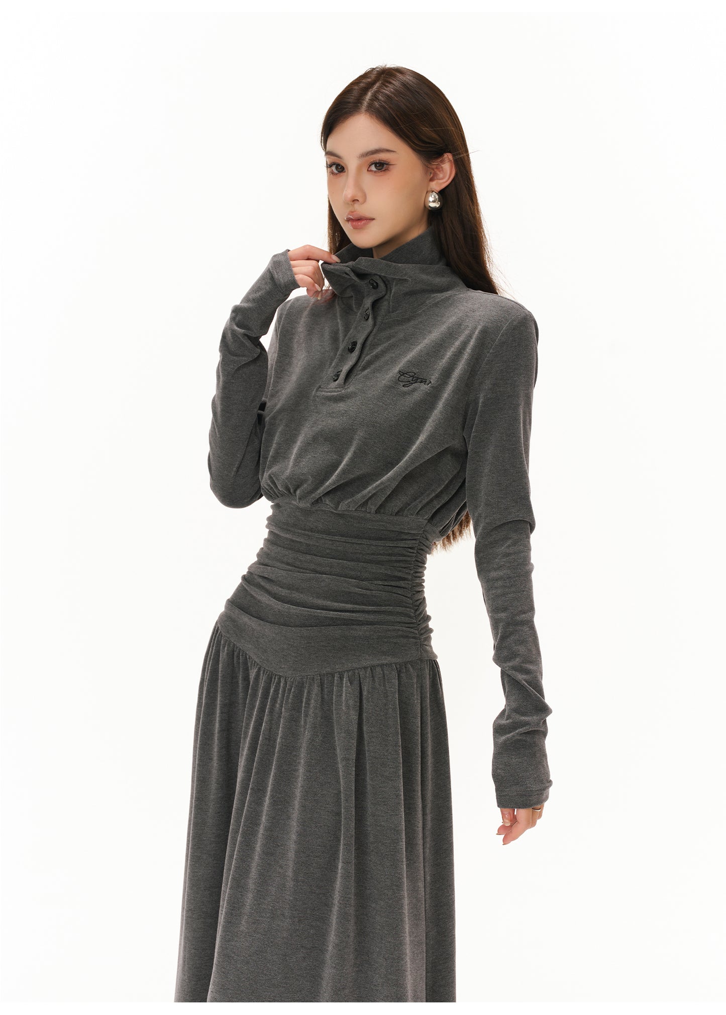 POLO COLLAR PLEATED WAIST A-LINE ONE-PIECE