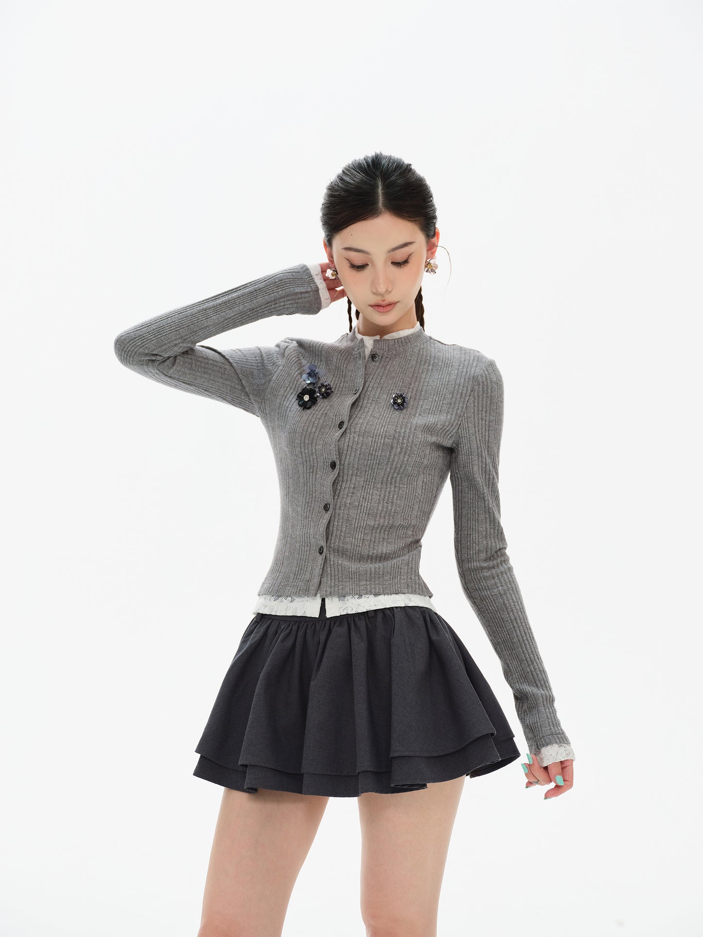 CELEBRITY LACE STITCHING KNIT CARDIGAN & HIGH WAIST PUFFY MINI SKIRT