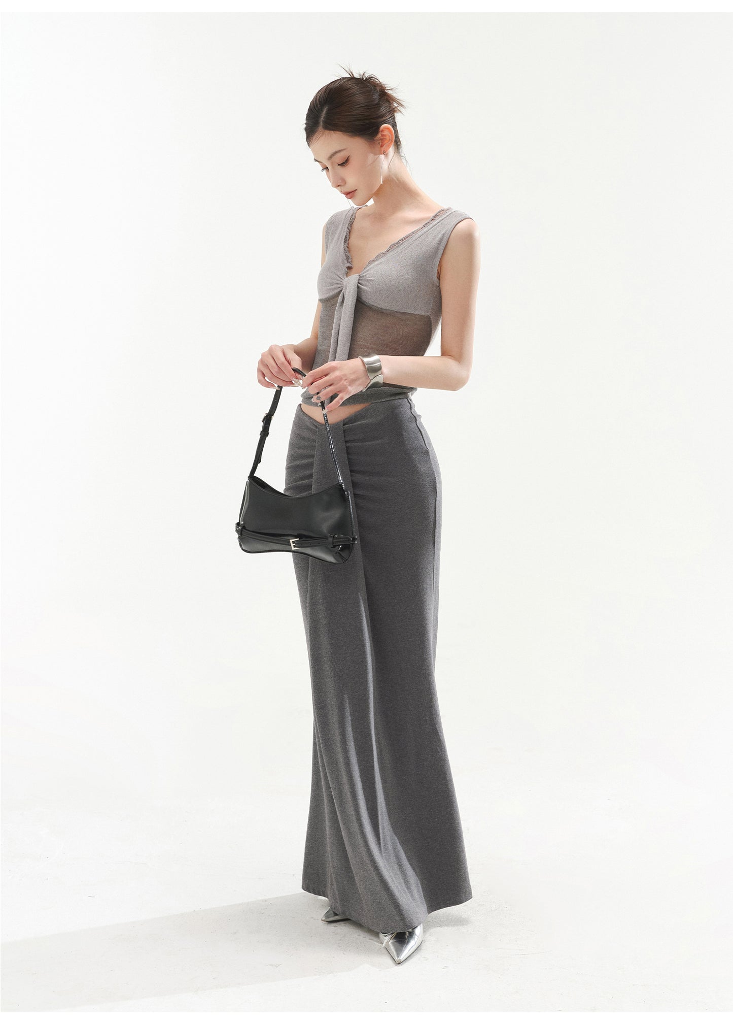 V-NECK SEXY RIBBED KNIT TANK TOP & LOW-RISE KNIT MERMAID BODYCON SKIRT