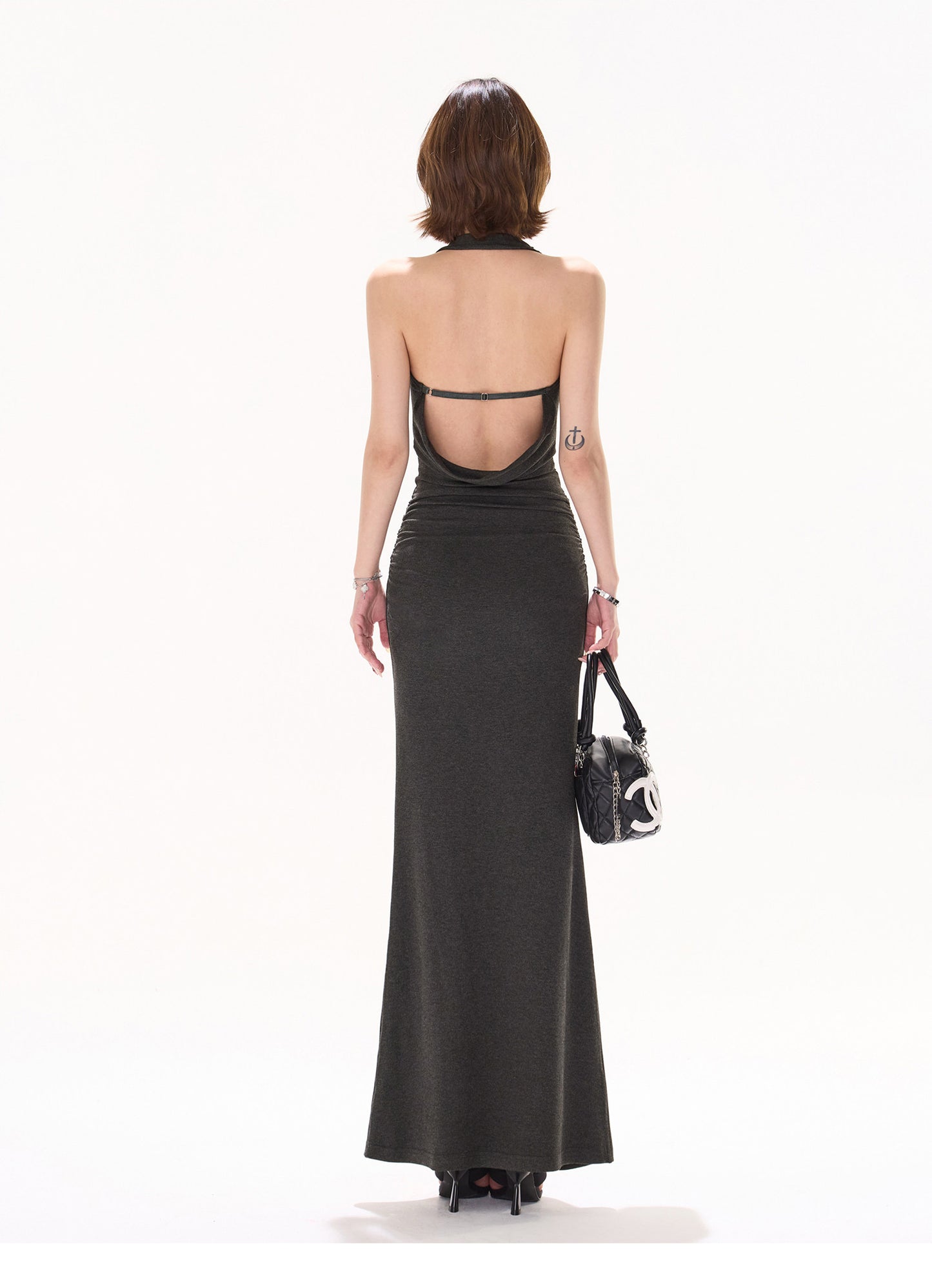 【日本在庫 】DARK GREY HALTER DRAPED KNIT DRESS