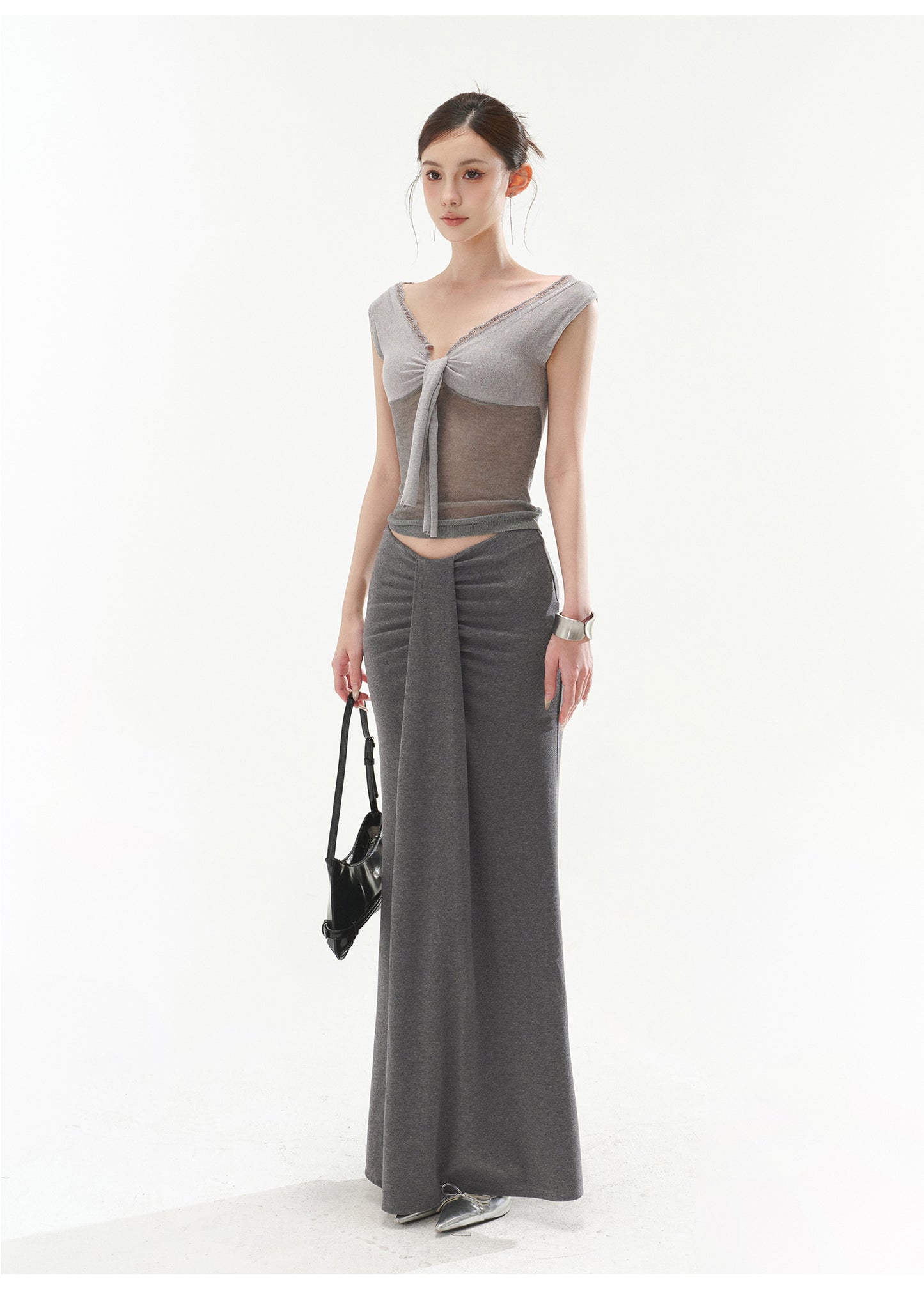 V-NECK SEXY RIBBED KNIT TANK TOP & LOW-RISE KNIT MERMAID BODYCON SKIRT