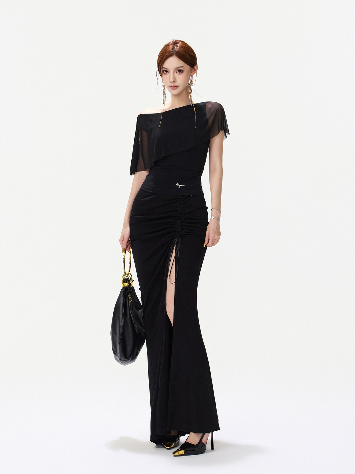 BLACK ASYMMETRIC MESH TOP AND SHEER MAXI SKIRT ブラック トップスの着回し例 別のスカートとコーディネート