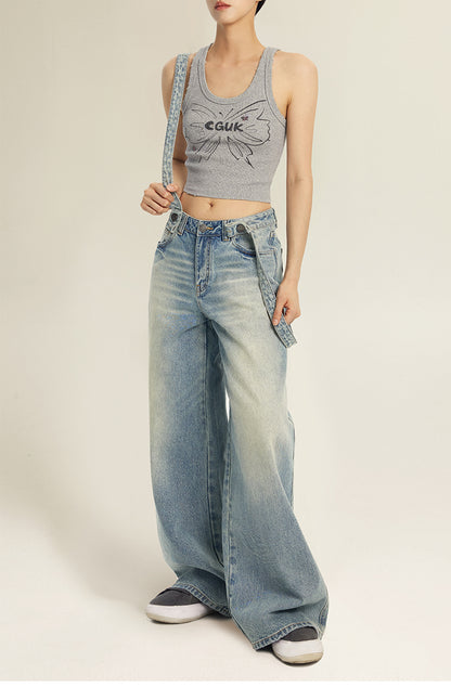 LOW-RISE WIDE-LEG OVERALLS DENIM