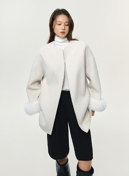 FUR-TRIM WOOL CROPPED COAT